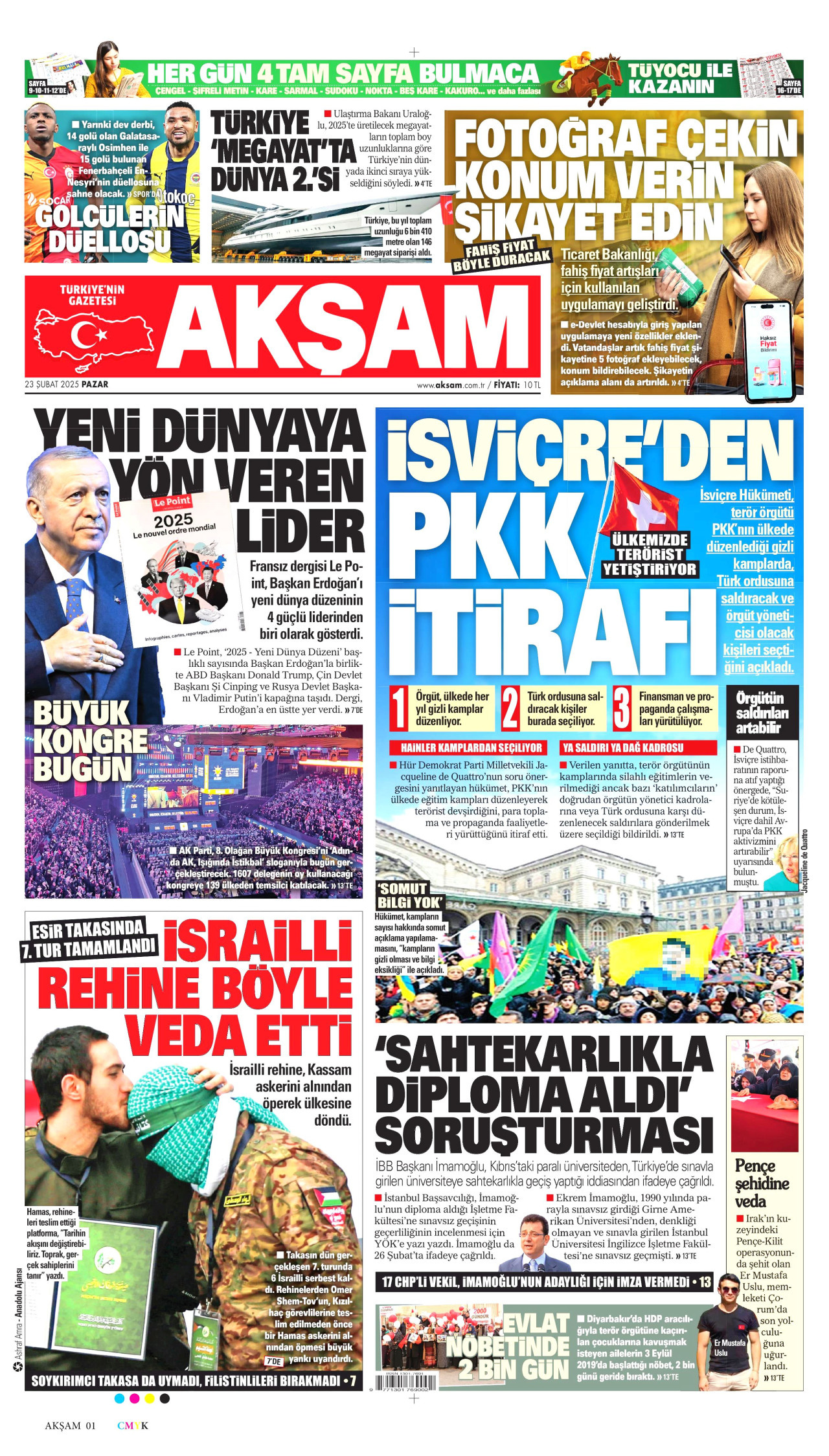 AKŞAM gazetesinin 23 Şubat 2025 tarihli birinci sayfası