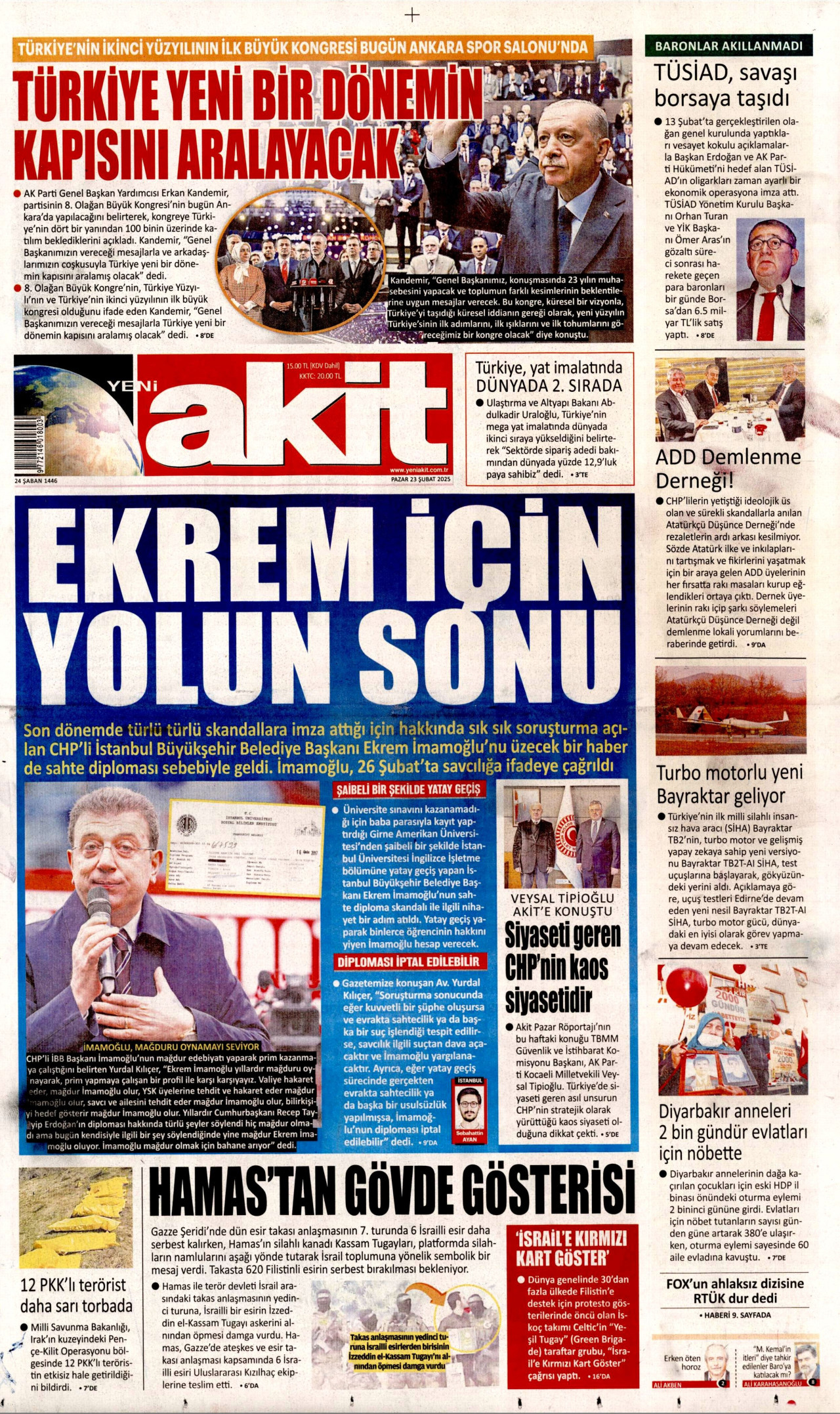 YENİ AKİT gazetesinin 23 Şubat 2025 tarihli birinci sayfası