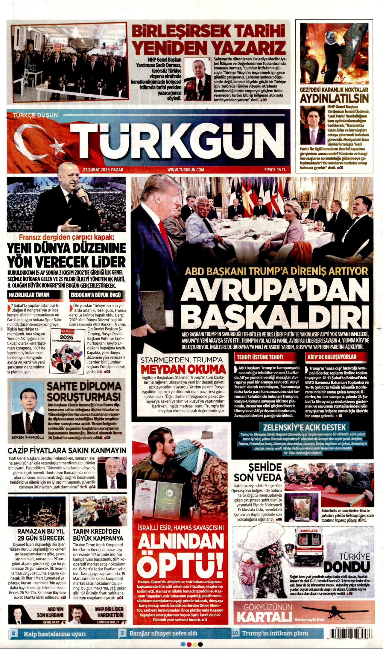 TÜRKGÜN gazetesinin 23 Şubat 2025 tarihli birinci sayfası