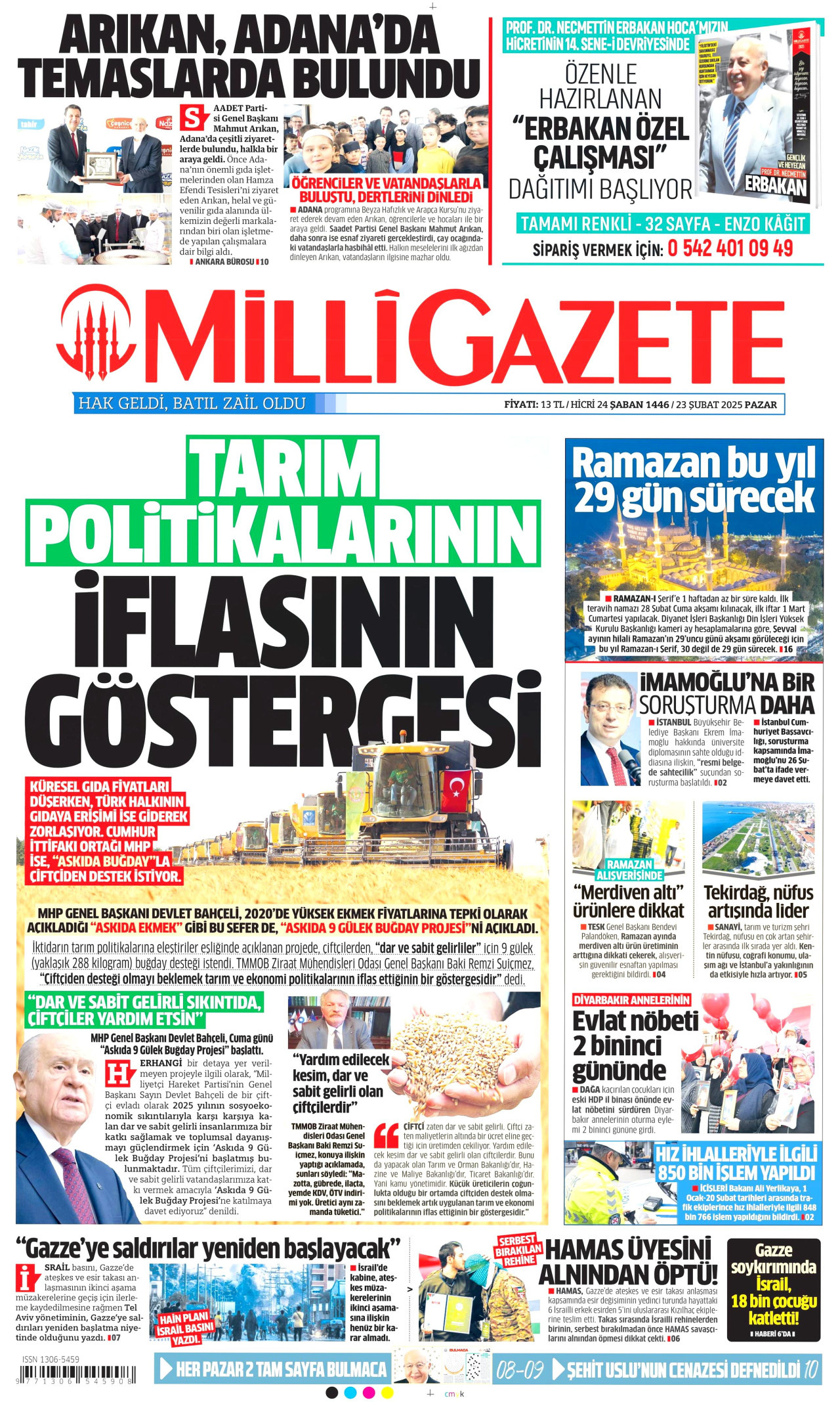 MİLLİ GAZETE gazetesinin 23 Şubat 2025 tarihli birinci sayfası