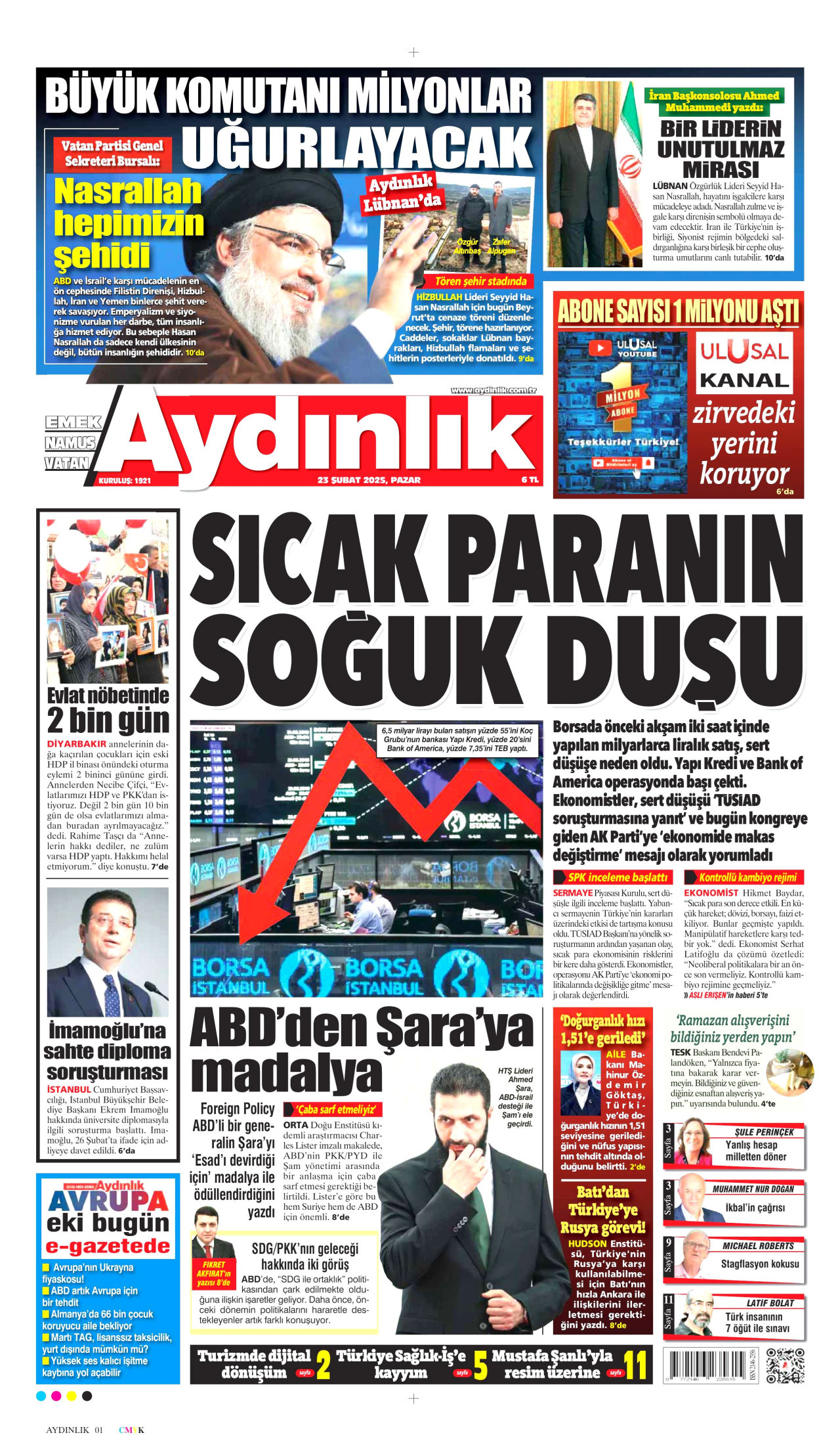 AYDINLIK GAZETESİ gazetesinin 23 Şubat 2025 tarihli birinci sayfası
