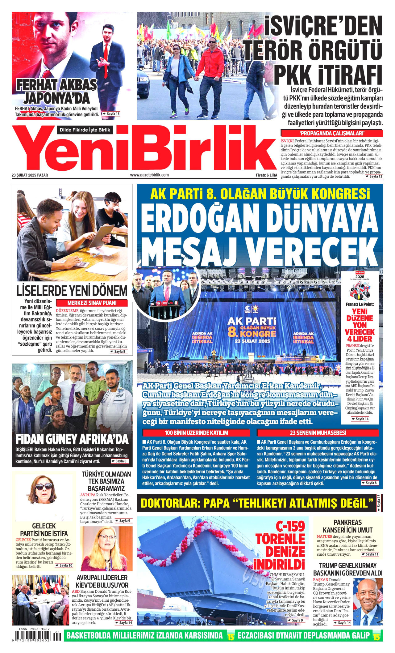 YENİBİRLİK gazetesinin 23 Şubat 2025 tarihli birinci sayfası