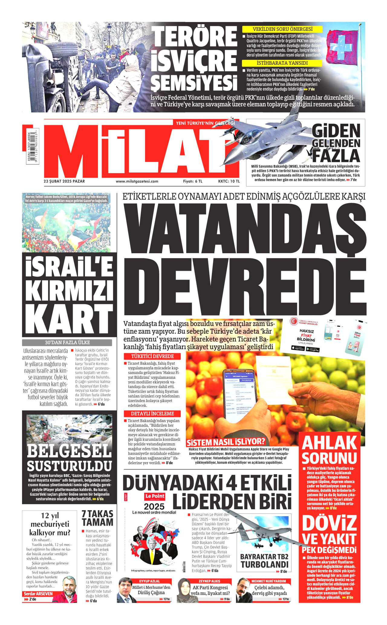 MİLAT gazetesinin 23 Şubat 2025 tarihli birinci sayfası