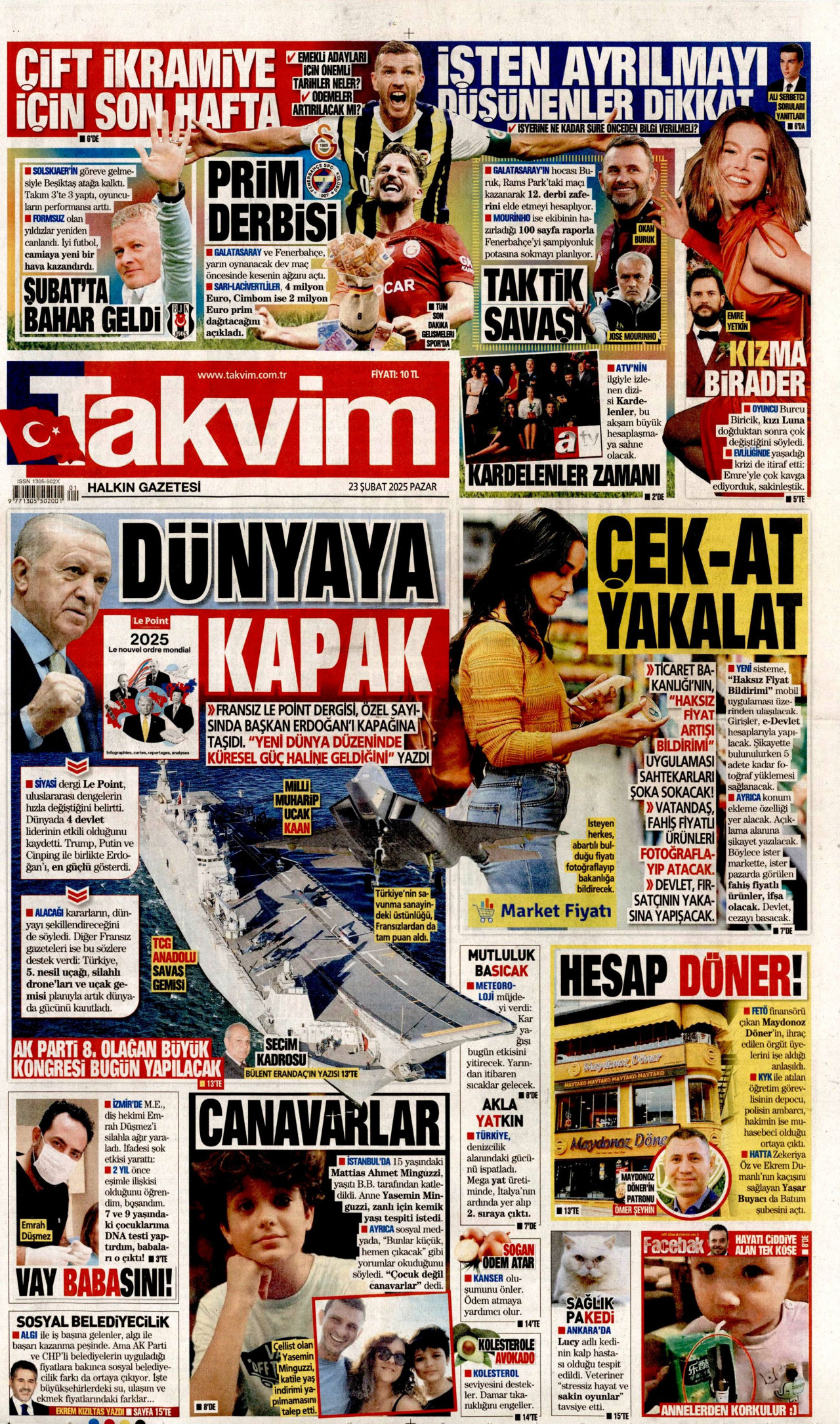 TAKVİM gazetesinin 23 Şubat 2025 tarihli birinci sayfası