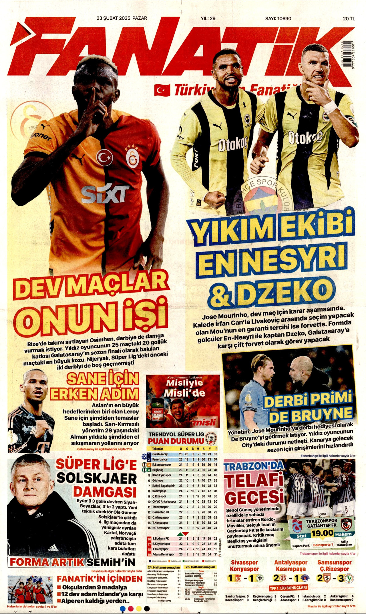 FANATİK gazetesinin 23 Şubat 2025 tarihli birinci sayfası