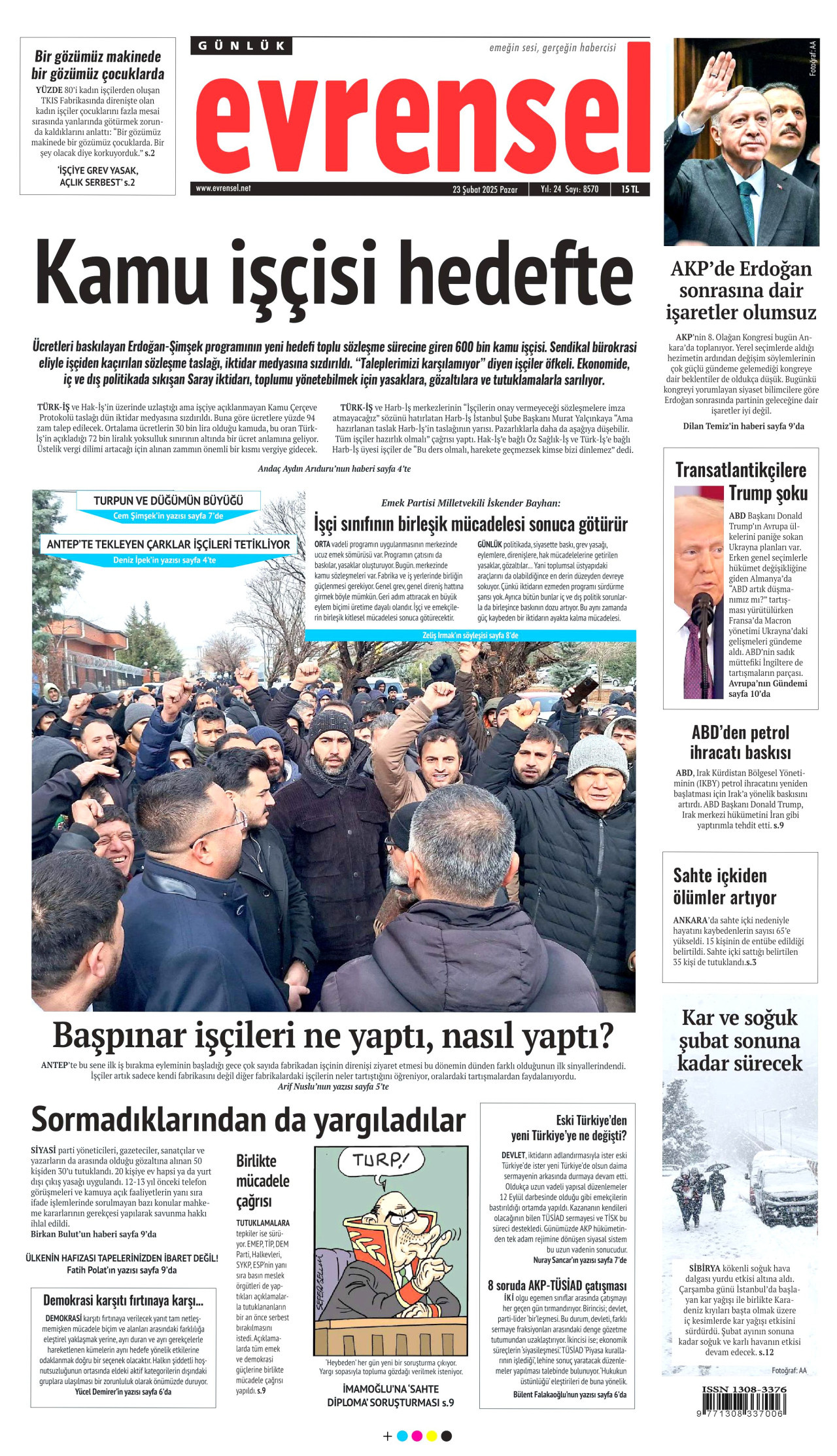 EVRENSEL gazetesinin 23 Şubat 2025 tarihli birinci sayfası