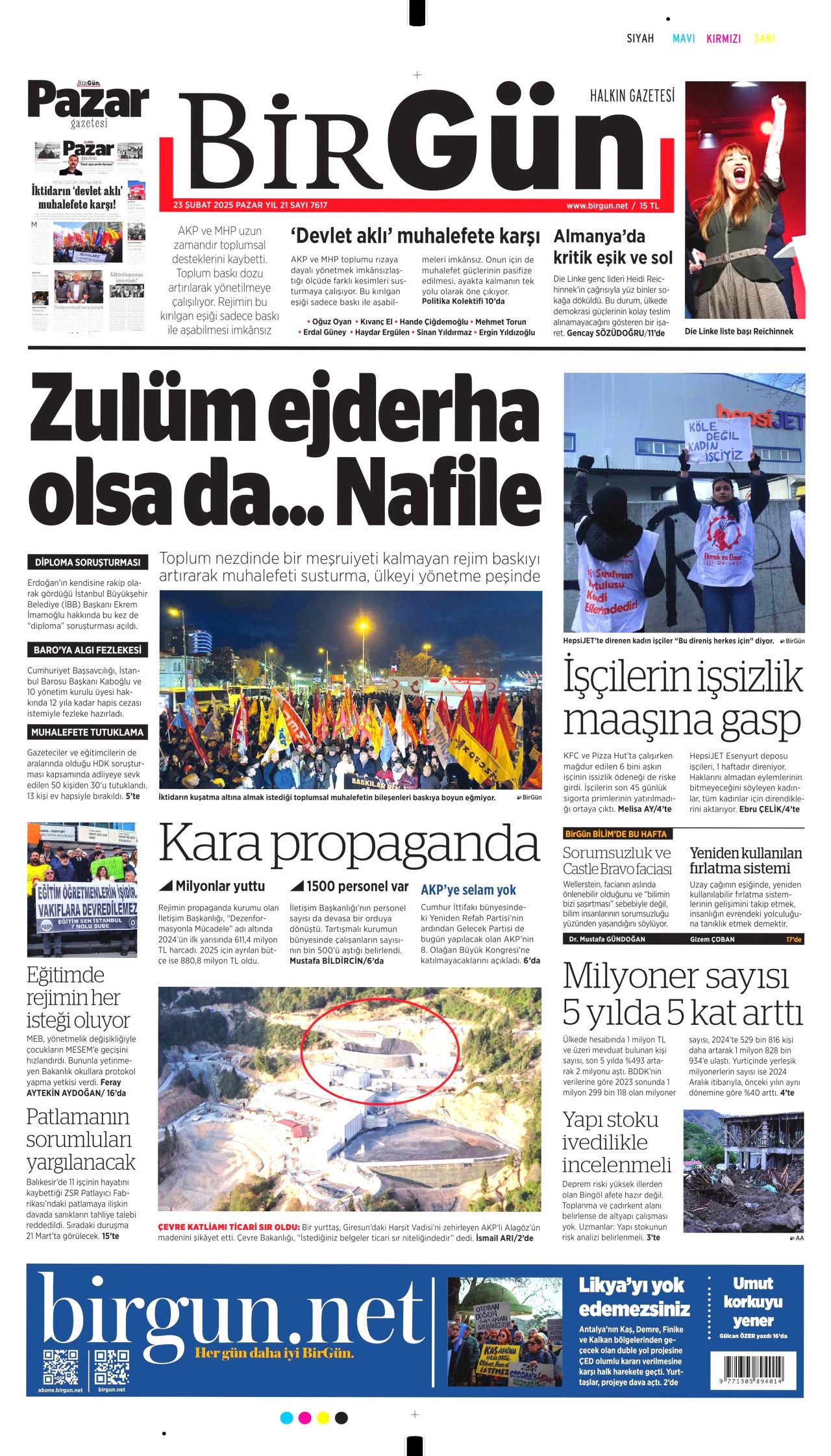 BİRGÜN gazetesinin 23 Şubat 2025 tarihli birinci sayfası