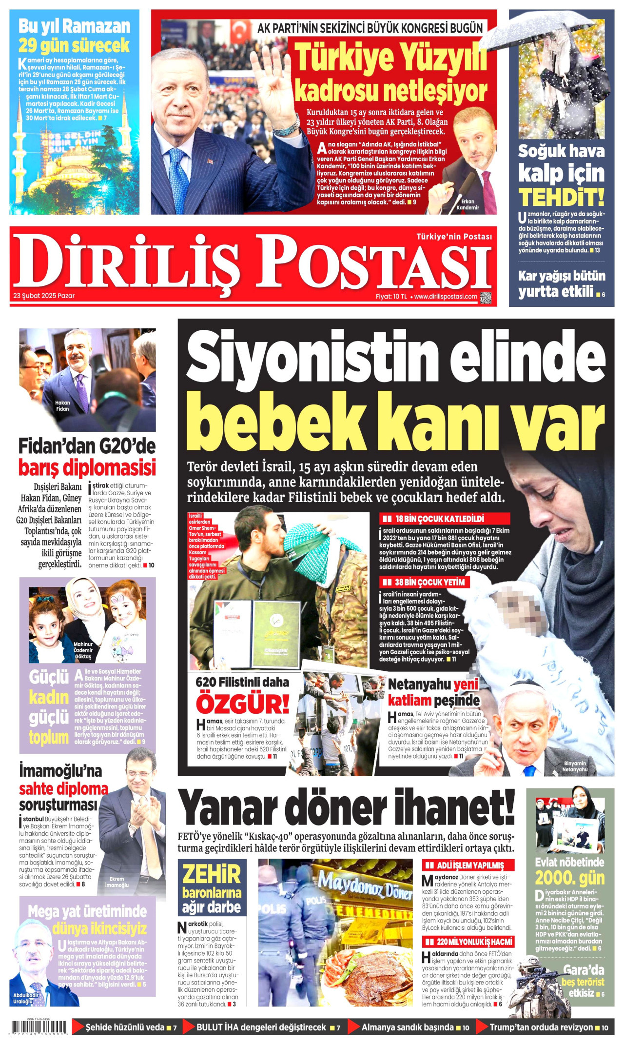 DİRİLİŞ POSTASI gazetesinin 23 Şubat 2025 tarihli birinci sayfası