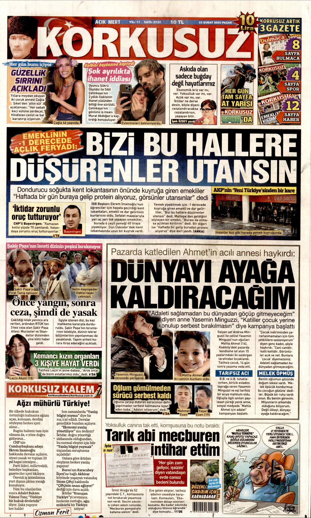 KORKUSUZ gazetesinin 23 Şubat 2025 tarihli birinci sayfası