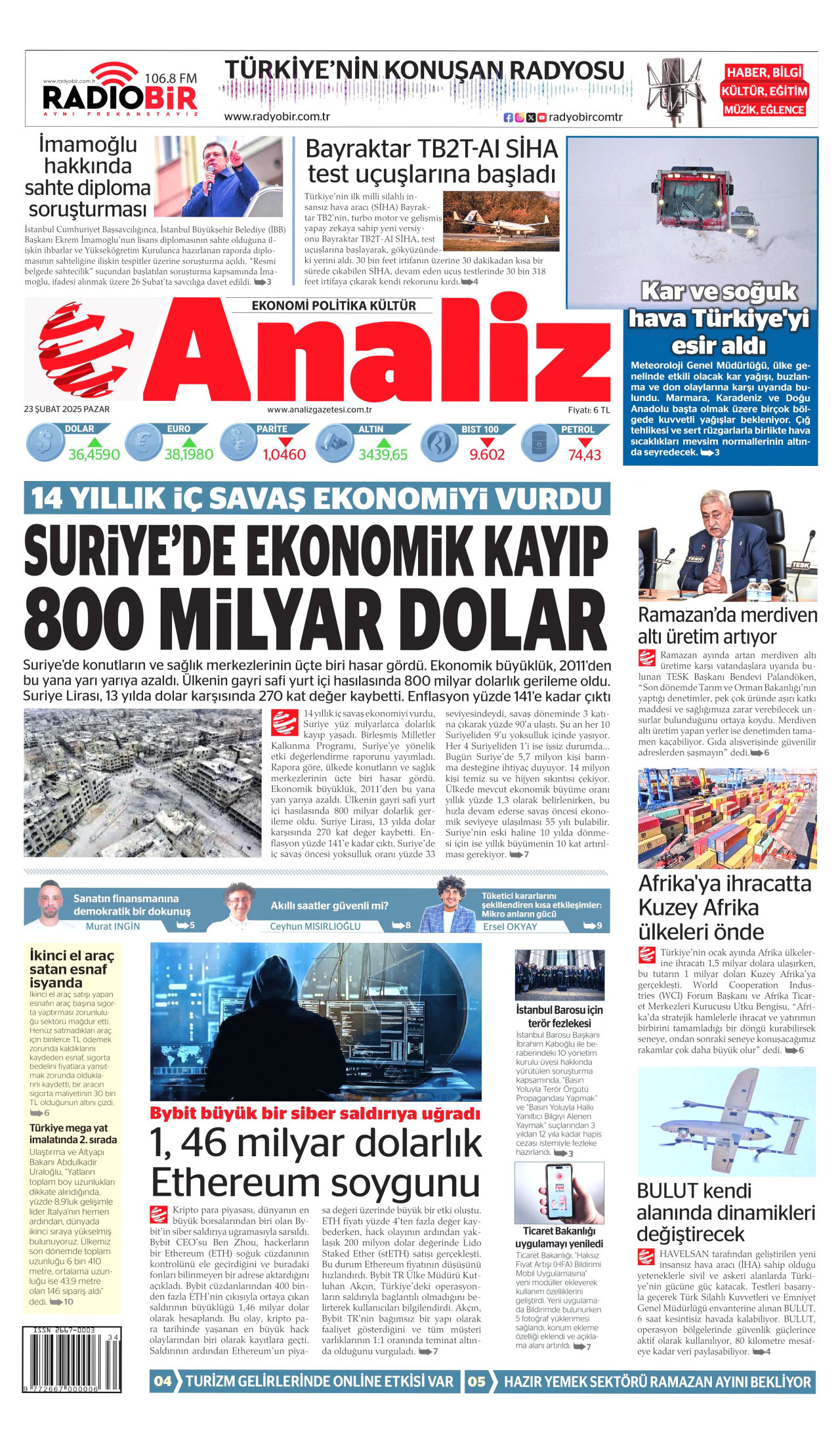 ANALİZ gazetesinin 23 Şubat 2025 tarihli birinci sayfası