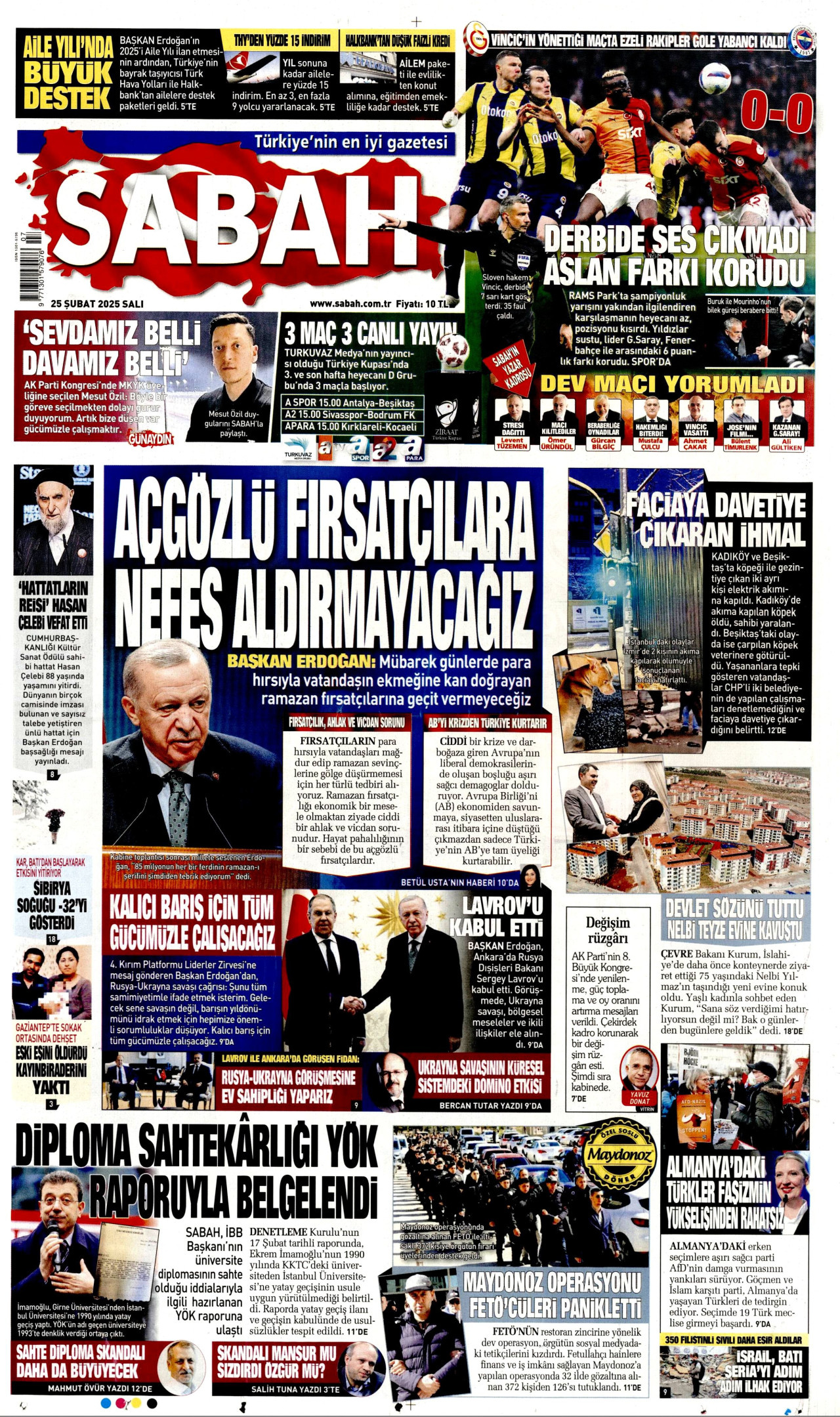 SABAH gazetesinin 25 Şubat 2025 tarihli birinci sayfası