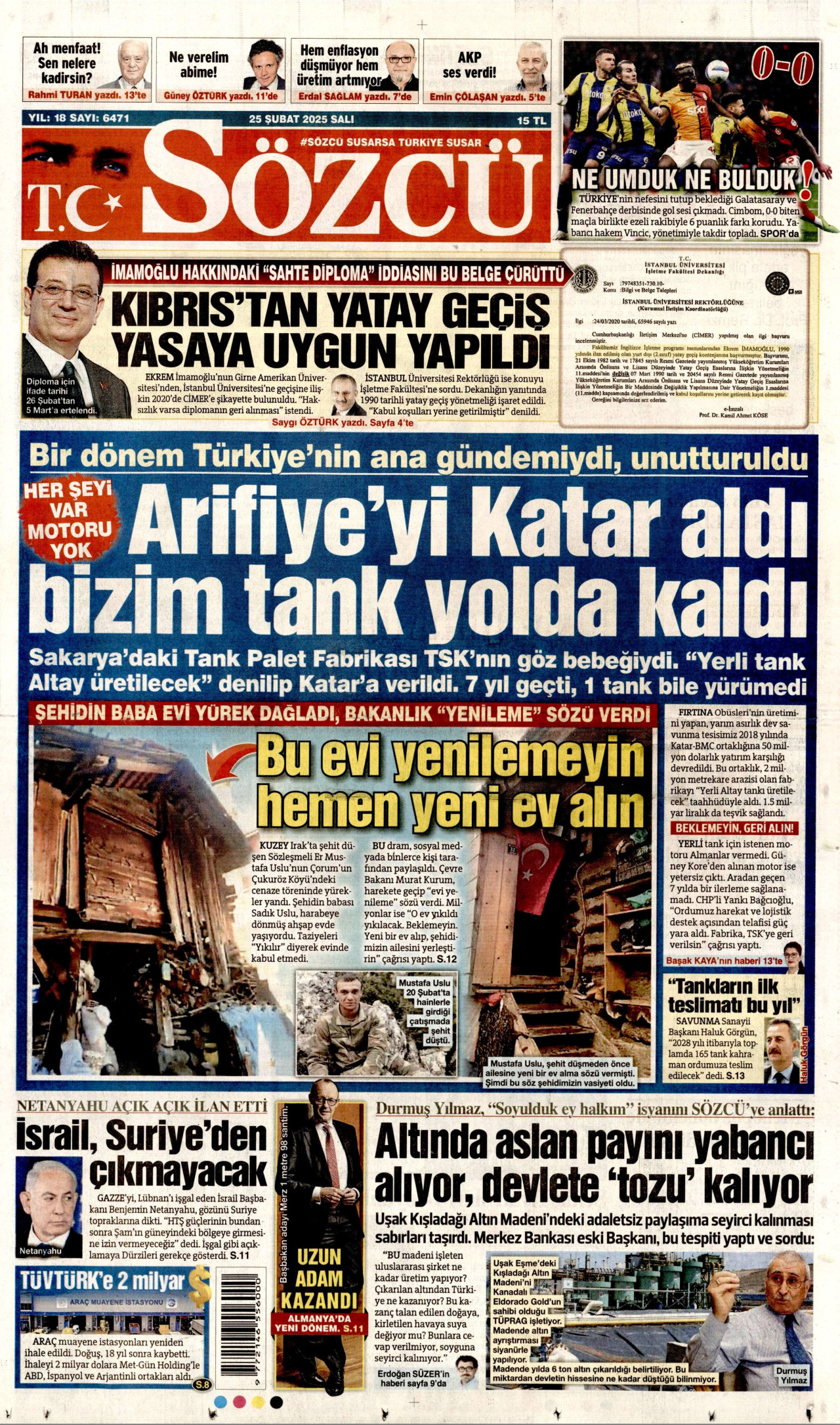 SÖZCÜ gazetesinin 25 Şubat 2025 tarihli birinci sayfası