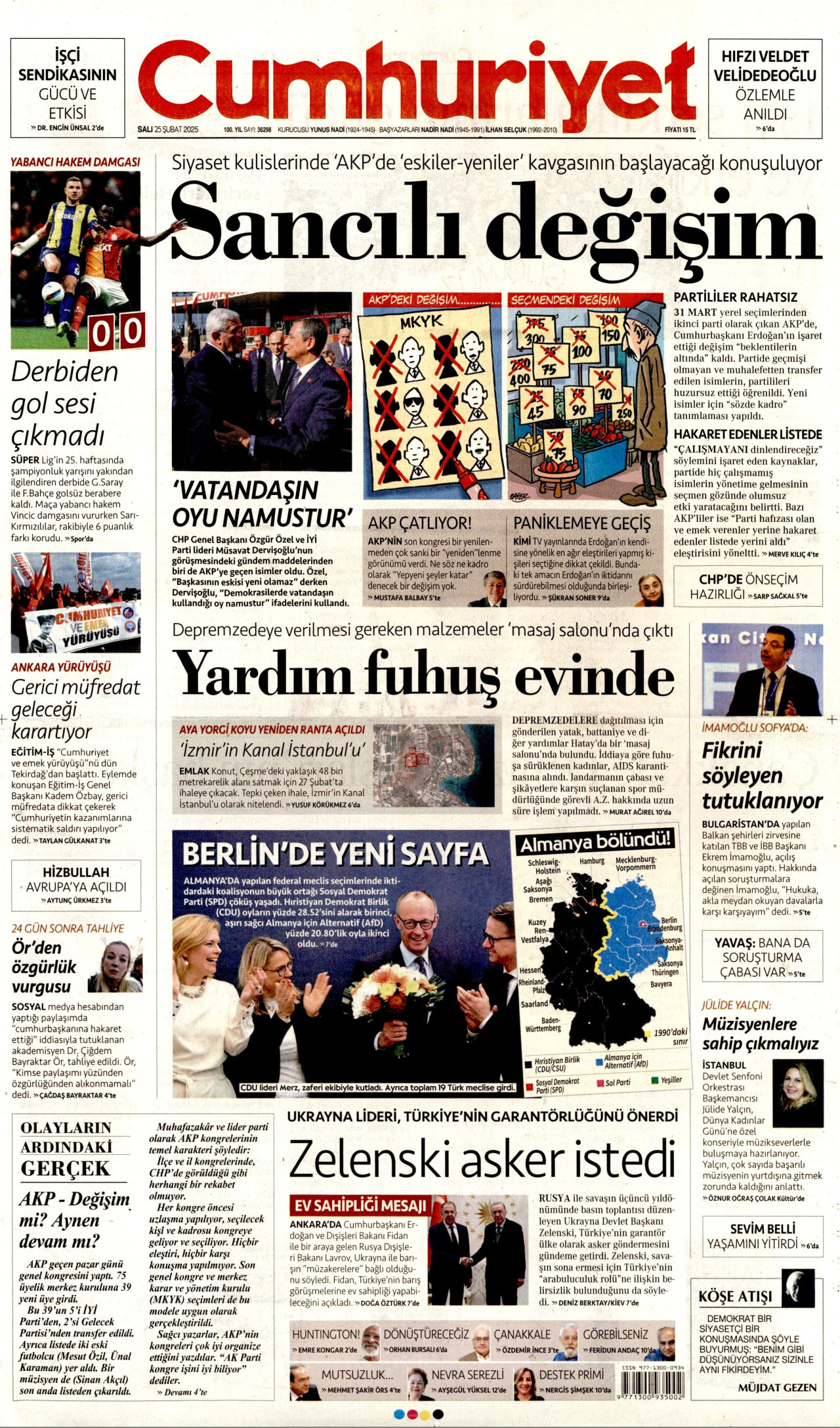 CUMHURİYET gazetesinin 25 Şubat 2025 tarihli birinci sayfası