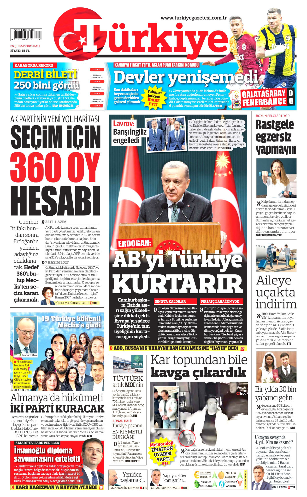 TÜRKİYE GAZETESİ gazetesinin 25 Şubat 2025 tarihli birinci sayfası
