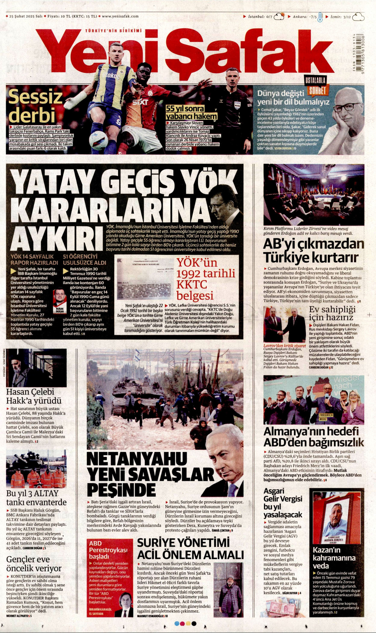 YENİ ŞAFAK gazetesinin 25 Şubat 2025 tarihli birinci sayfası