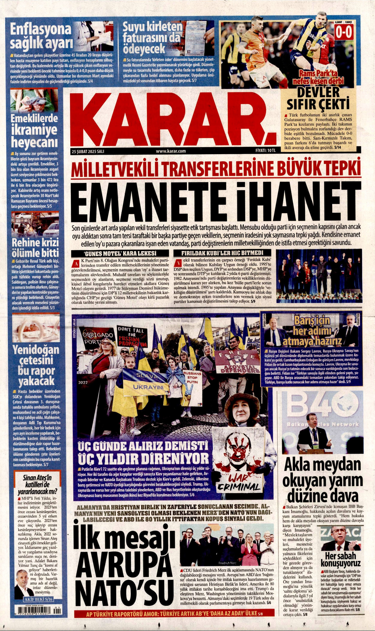 KARAR gazetesinin 25 Şubat 2025 tarihli birinci sayfası