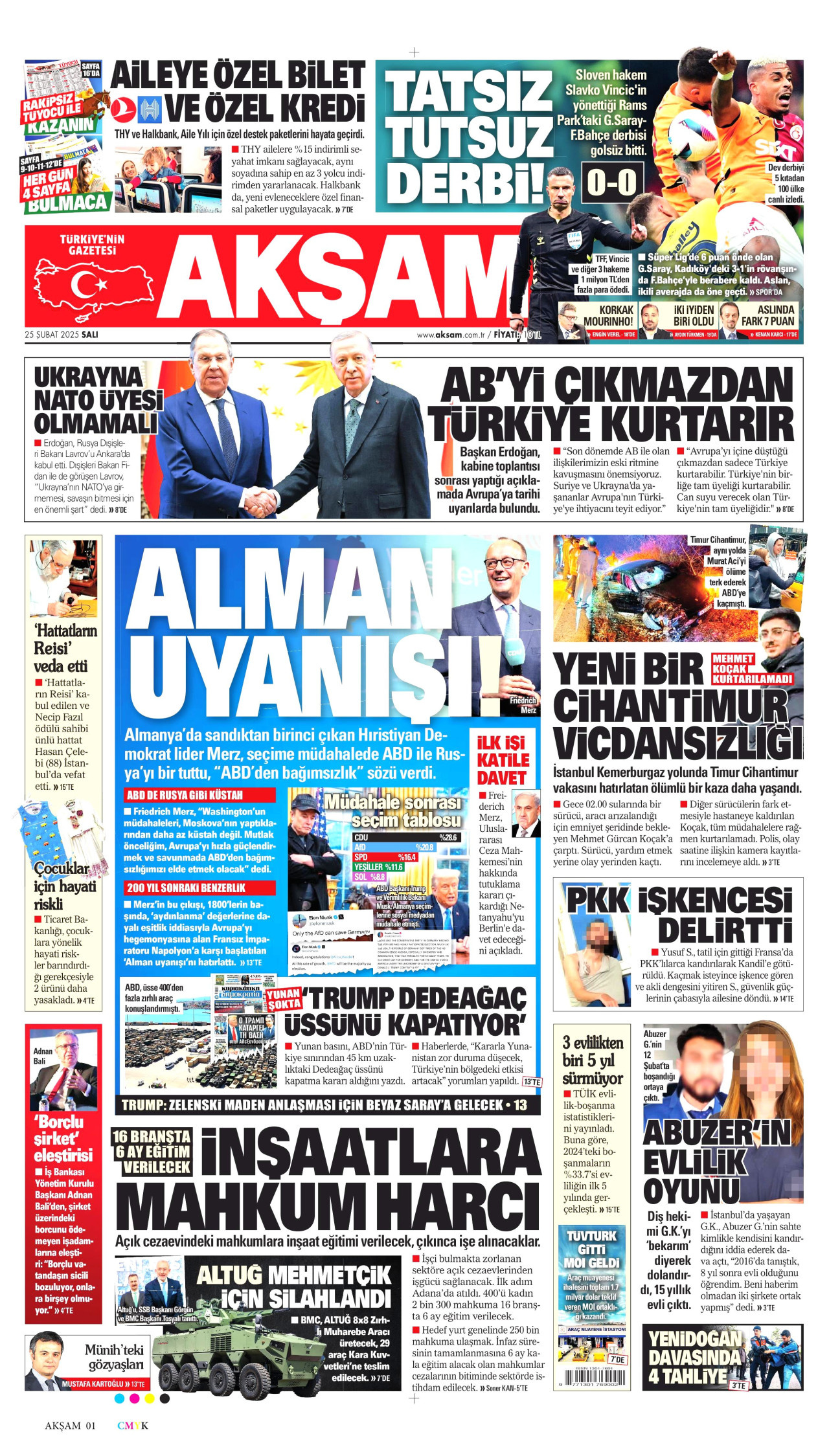 AKŞAM gazetesinin 25 Şubat 2025 tarihli birinci sayfası