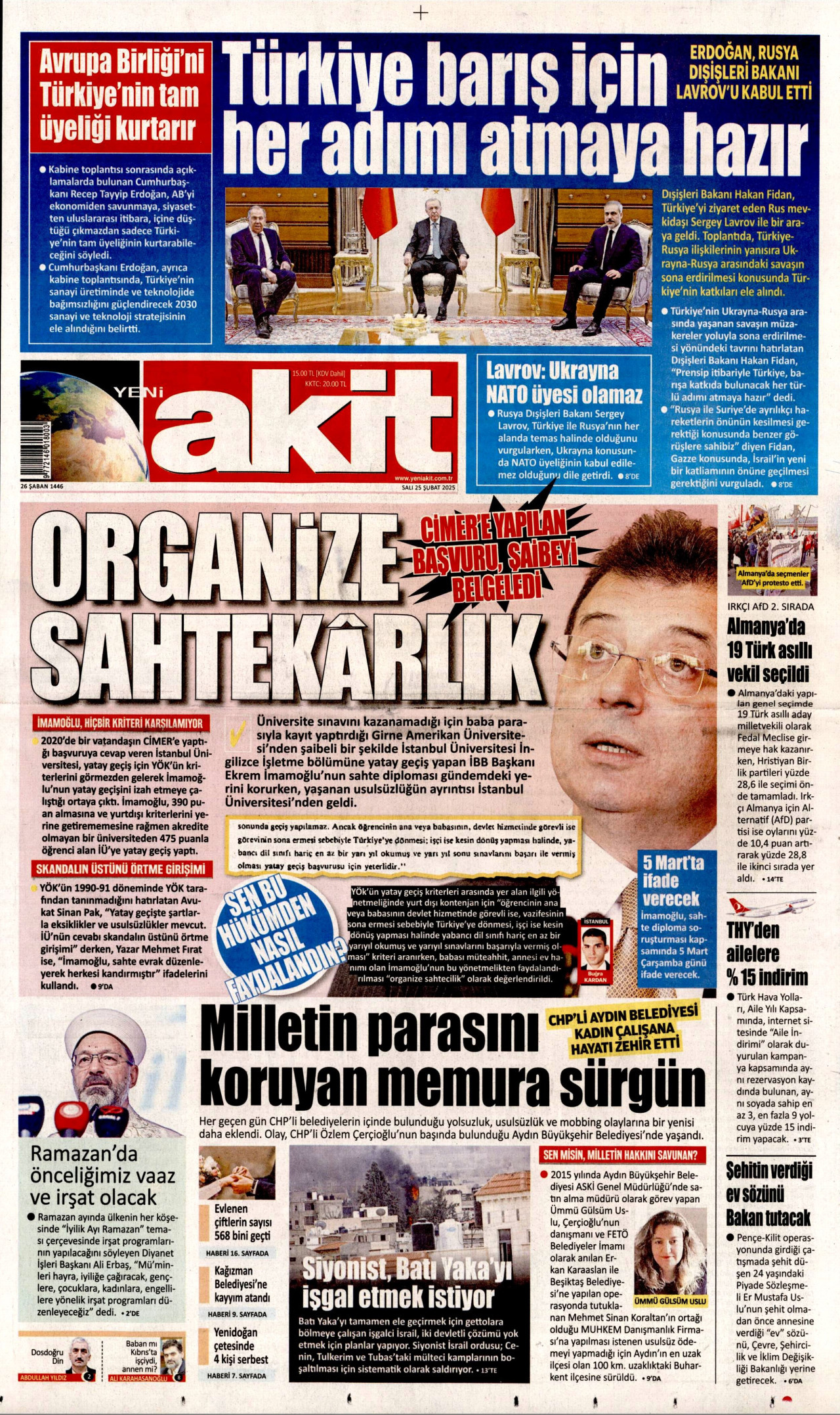 YENİ AKİT gazetesinin 25 Şubat 2025 tarihli birinci sayfası