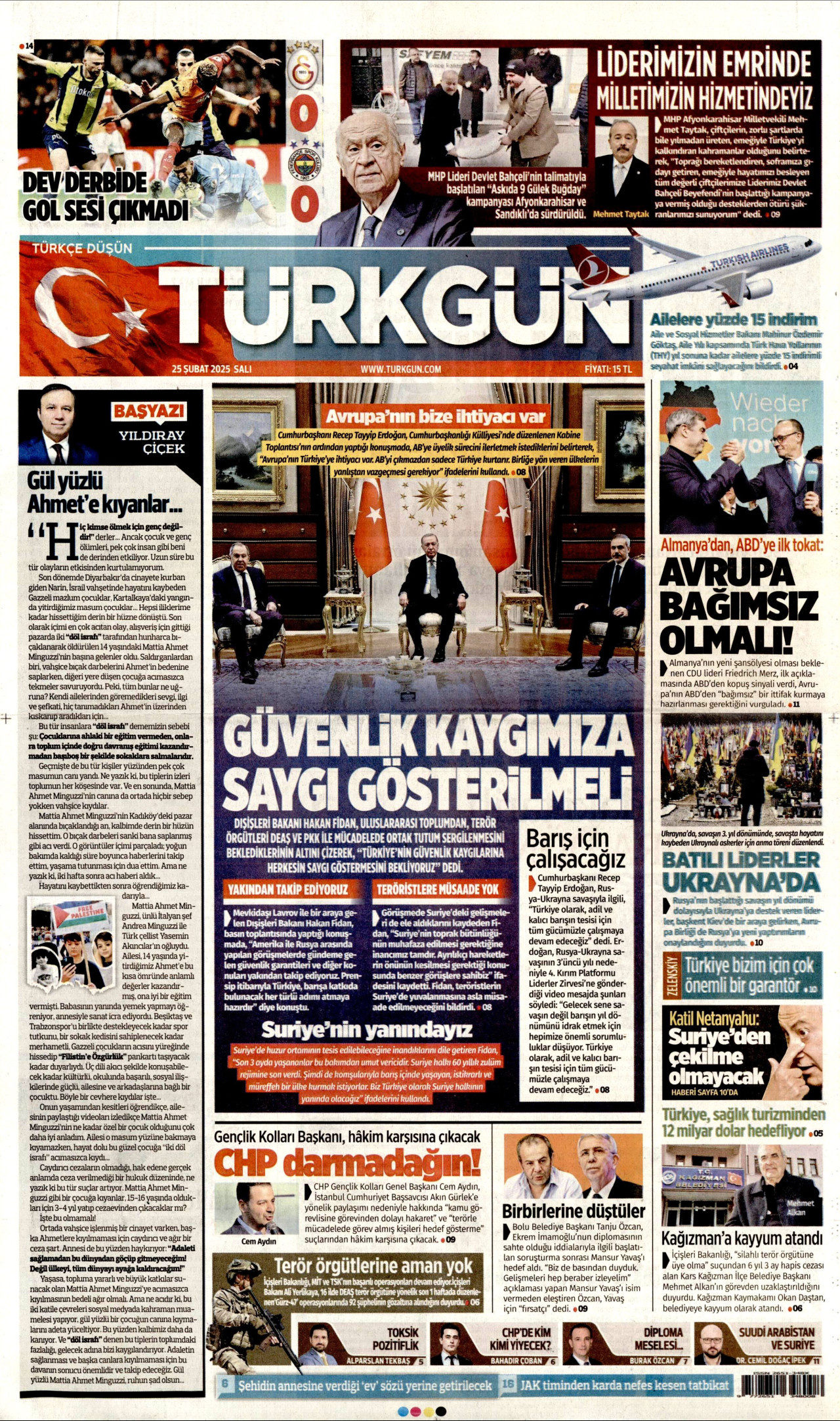 TÜRKGÜN gazetesinin 25 Şubat 2025 tarihli birinci sayfası