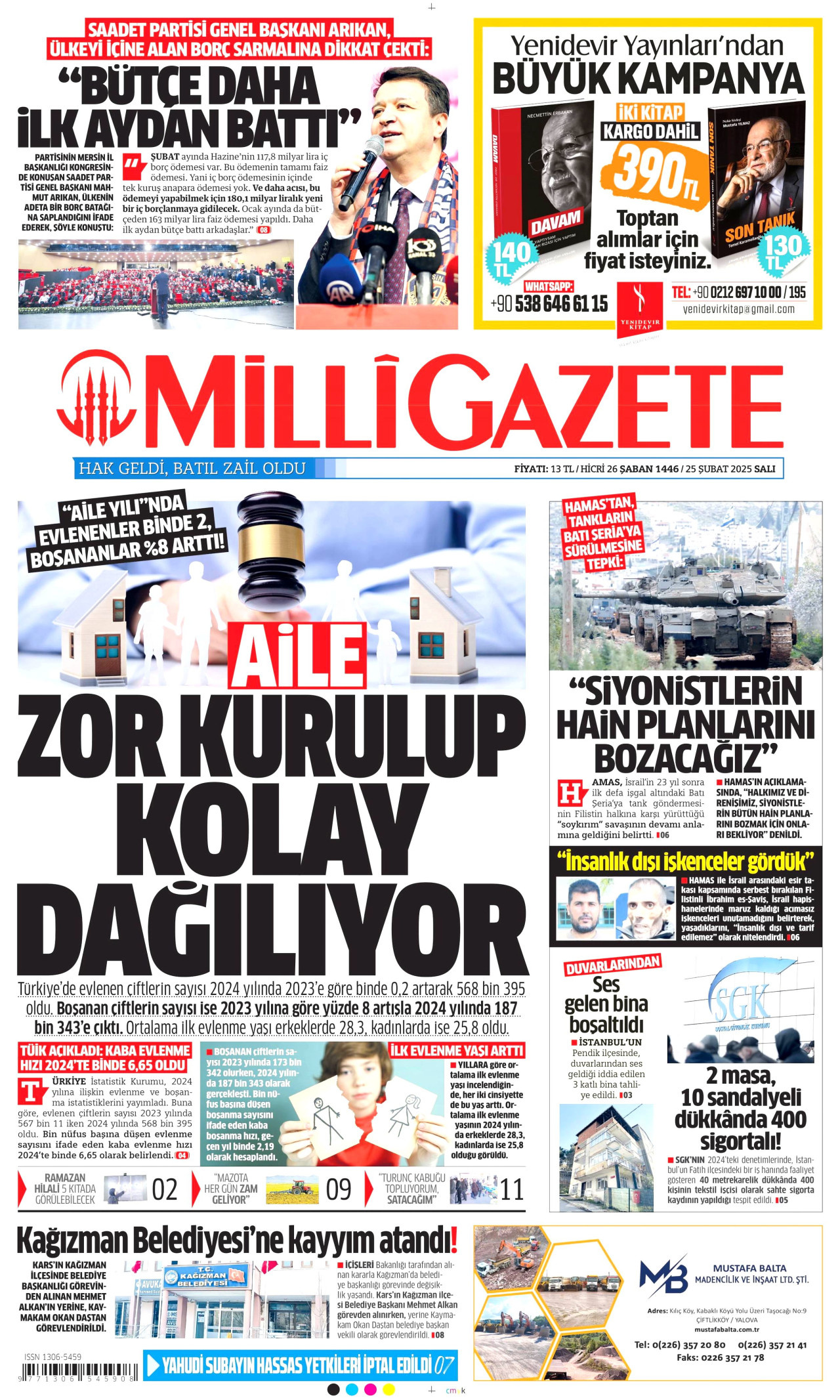 MİLLİ GAZETE gazetesinin 25 Şubat 2025 tarihli birinci sayfası