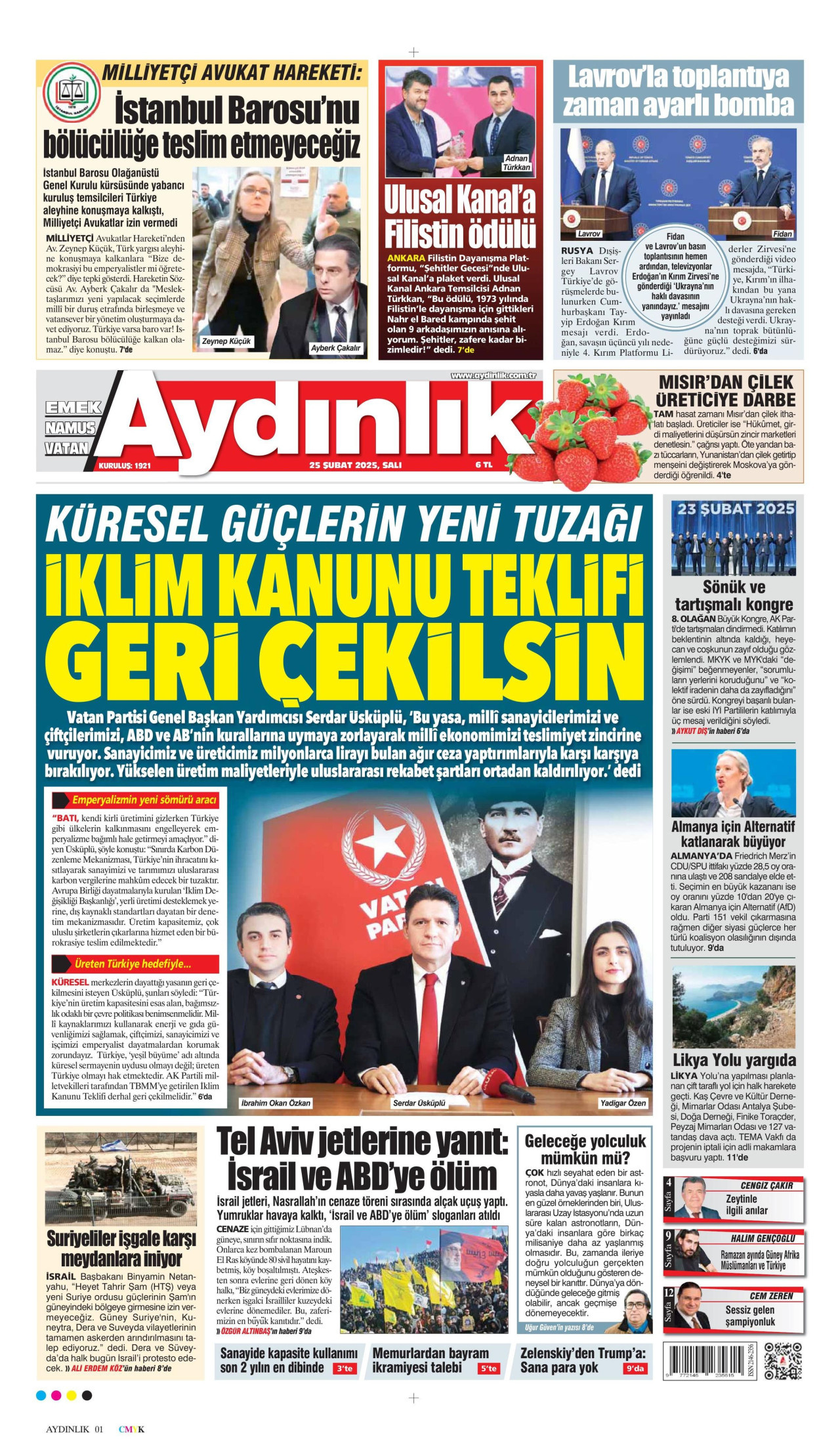 AYDINLIK GAZETESİ gazetesinin 25 Şubat 2025 tarihli birinci sayfası