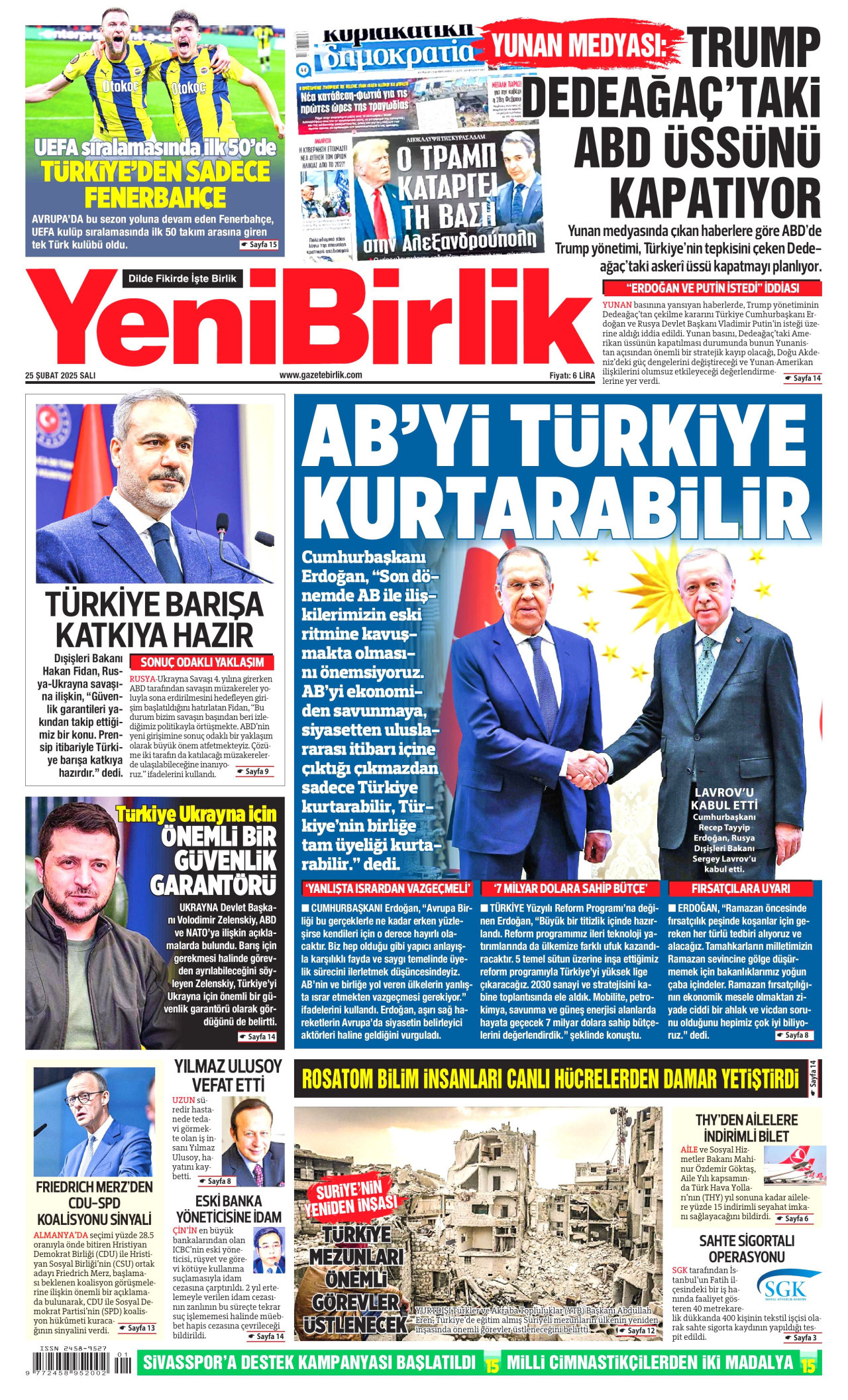 YENİBİRLİK gazetesinin 25 Şubat 2025 tarihli birinci sayfası