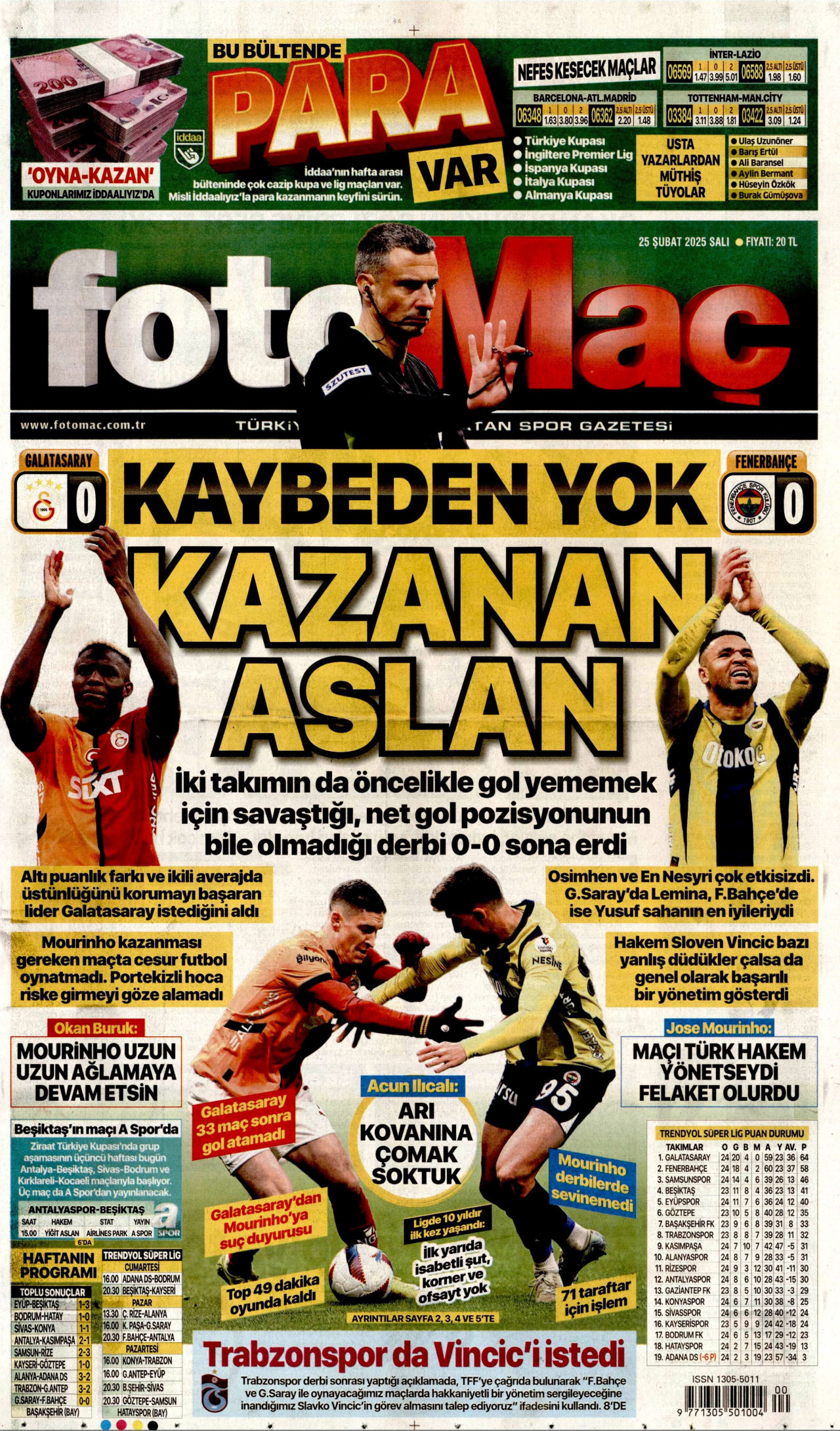 FOTOMAÇ gazetesinin 25 Şubat 2025 tarihli birinci sayfası
