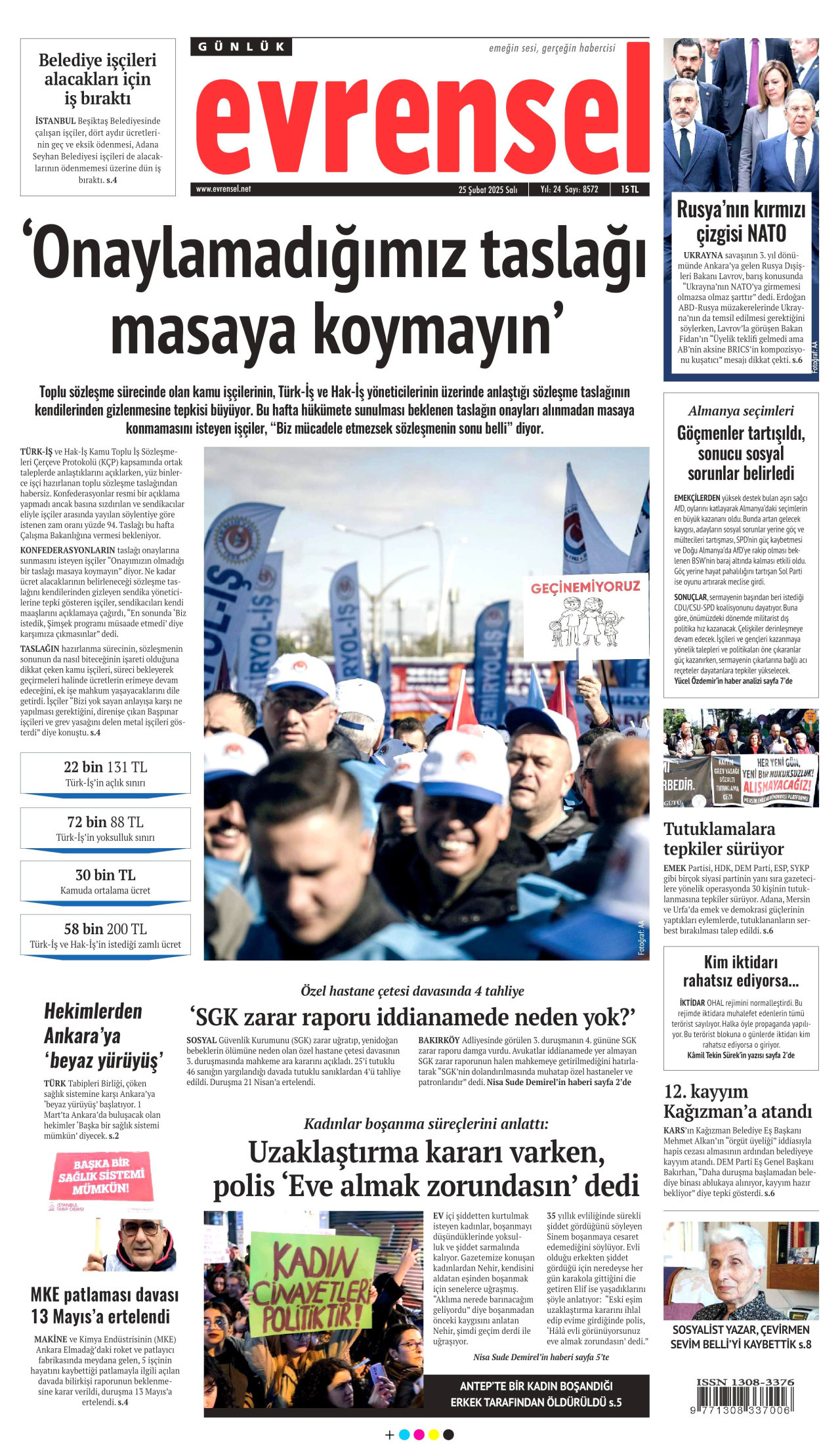 EVRENSEL gazetesinin 25 Şubat 2025 tarihli birinci sayfası
