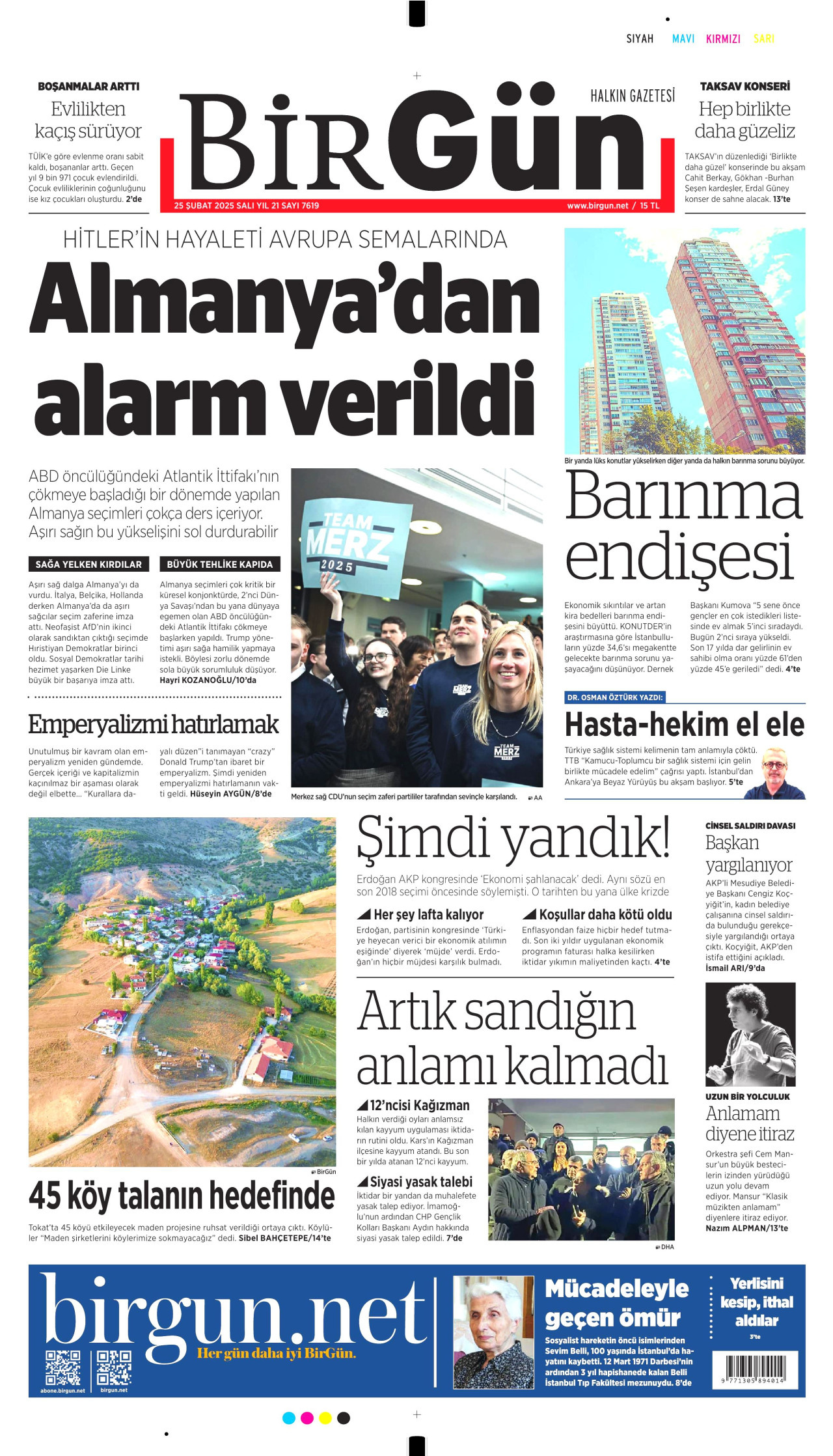 BİRGÜN gazetesinin 25 Şubat 2025 tarihli birinci sayfası