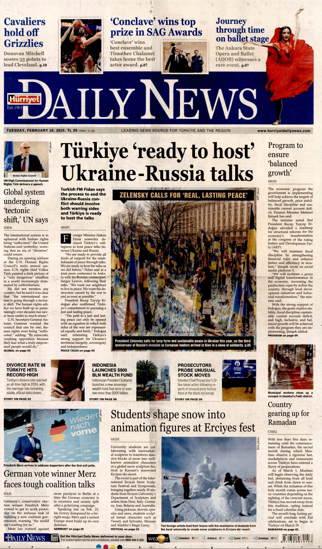 HÜRRİYET DAİLY NEWS gazetesinin 25 Şubat 2025 tarihli birinci sayfası