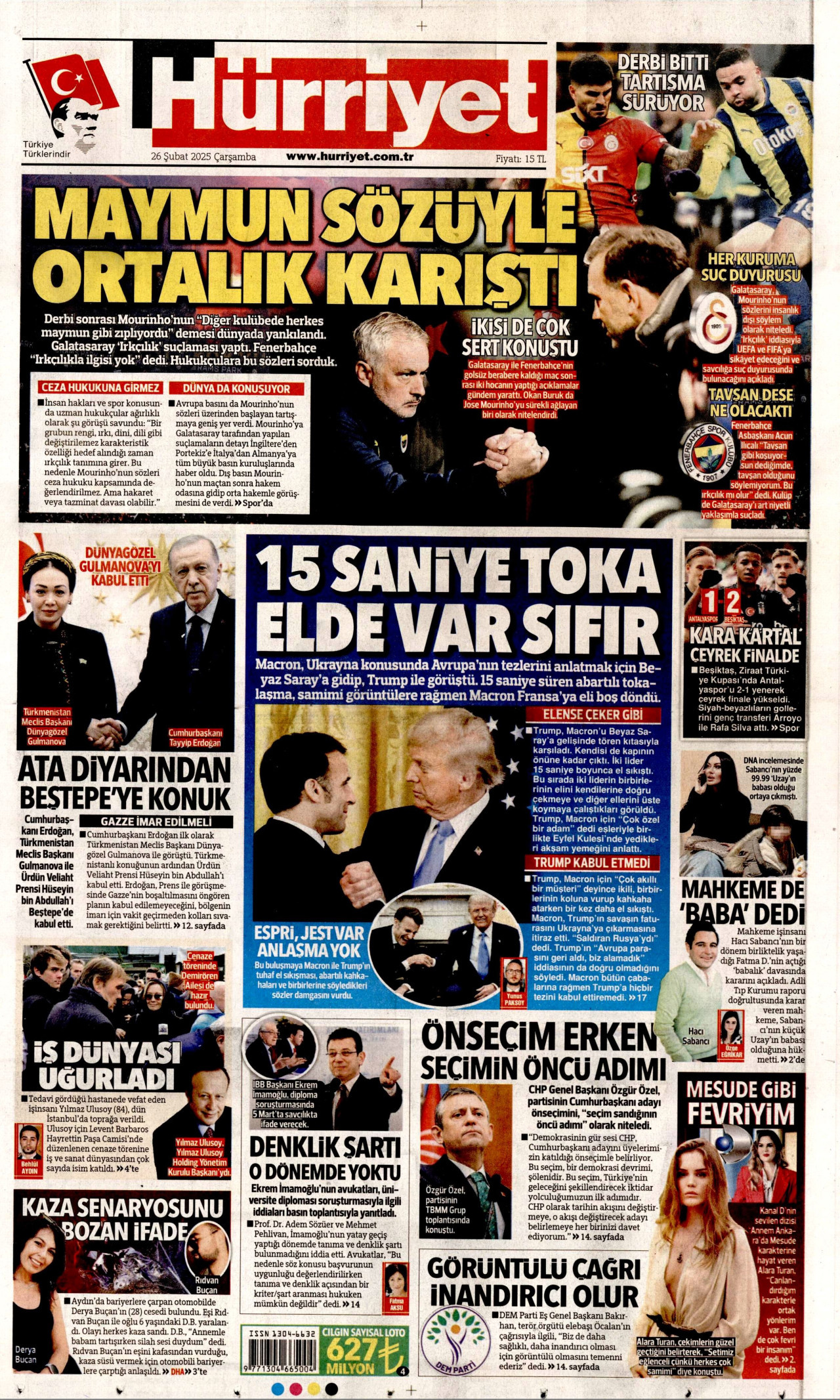 HÜRRİYET gazetesinin 26 Şubat 2025 tarihli birinci sayfası