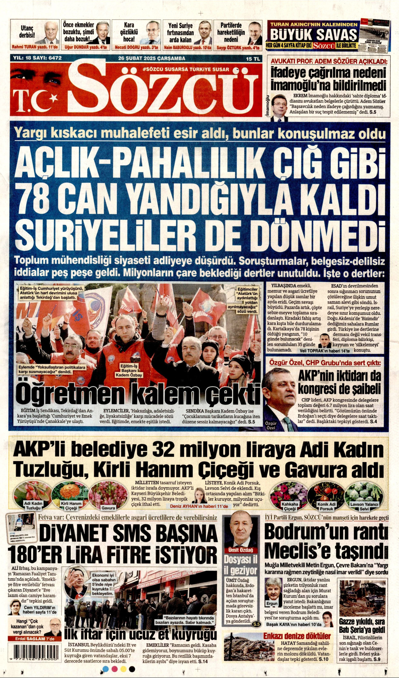 SÖZCÜ gazetesinin 26 Şubat 2025 tarihli birinci sayfası