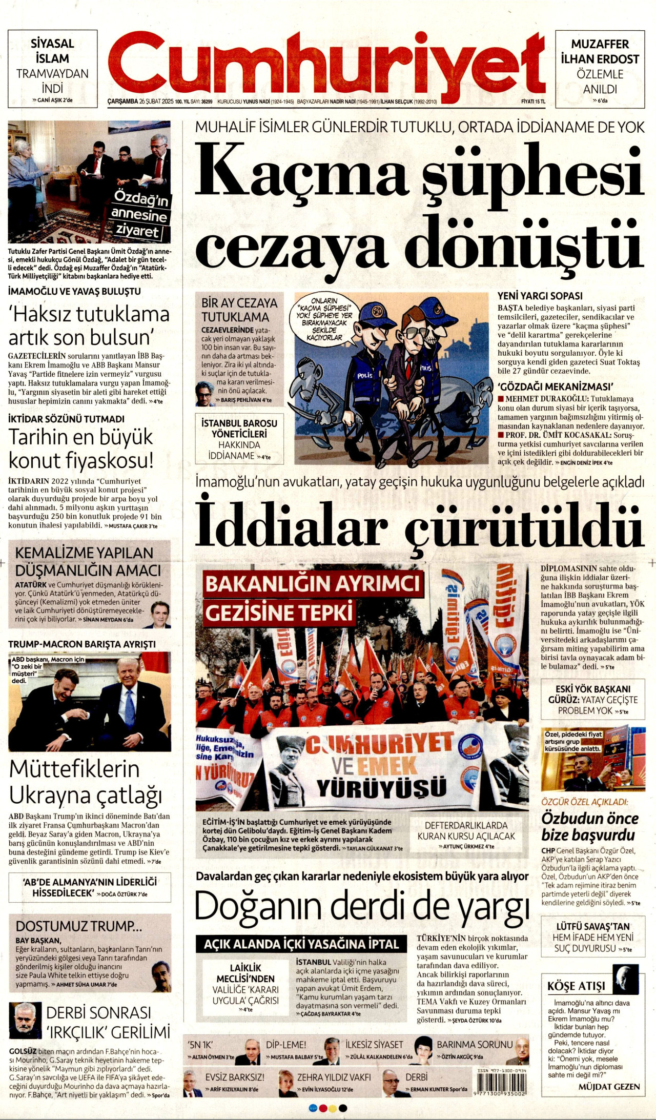CUMHURİYET gazetesinin 26 Şubat 2025 tarihli birinci sayfası
