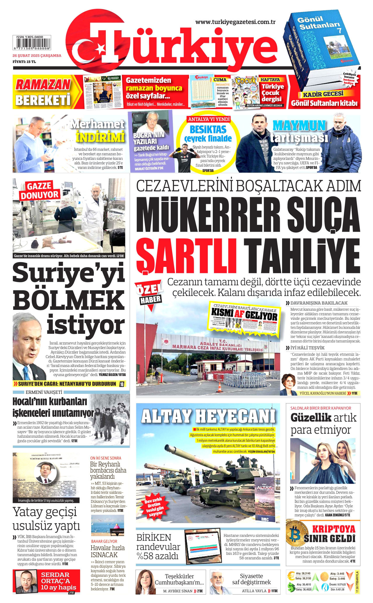 TÜRKİYE GAZETESİ gazetesinin 26 Şubat 2025 tarihli birinci sayfası