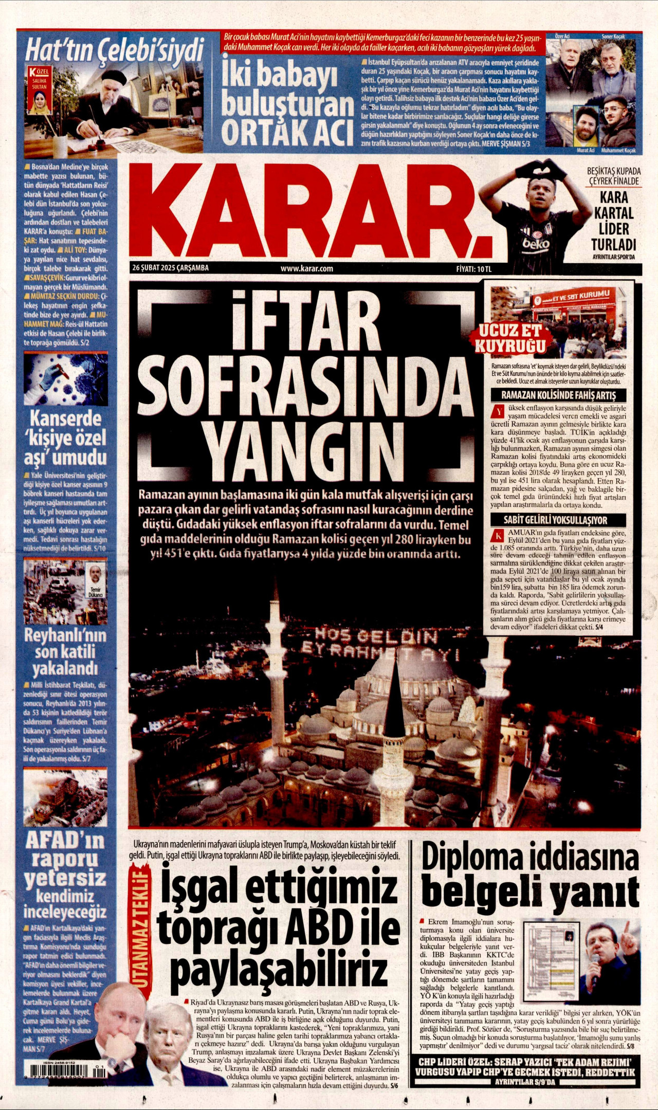 KARAR gazetesinin 26 Şubat 2025 tarihli birinci sayfası