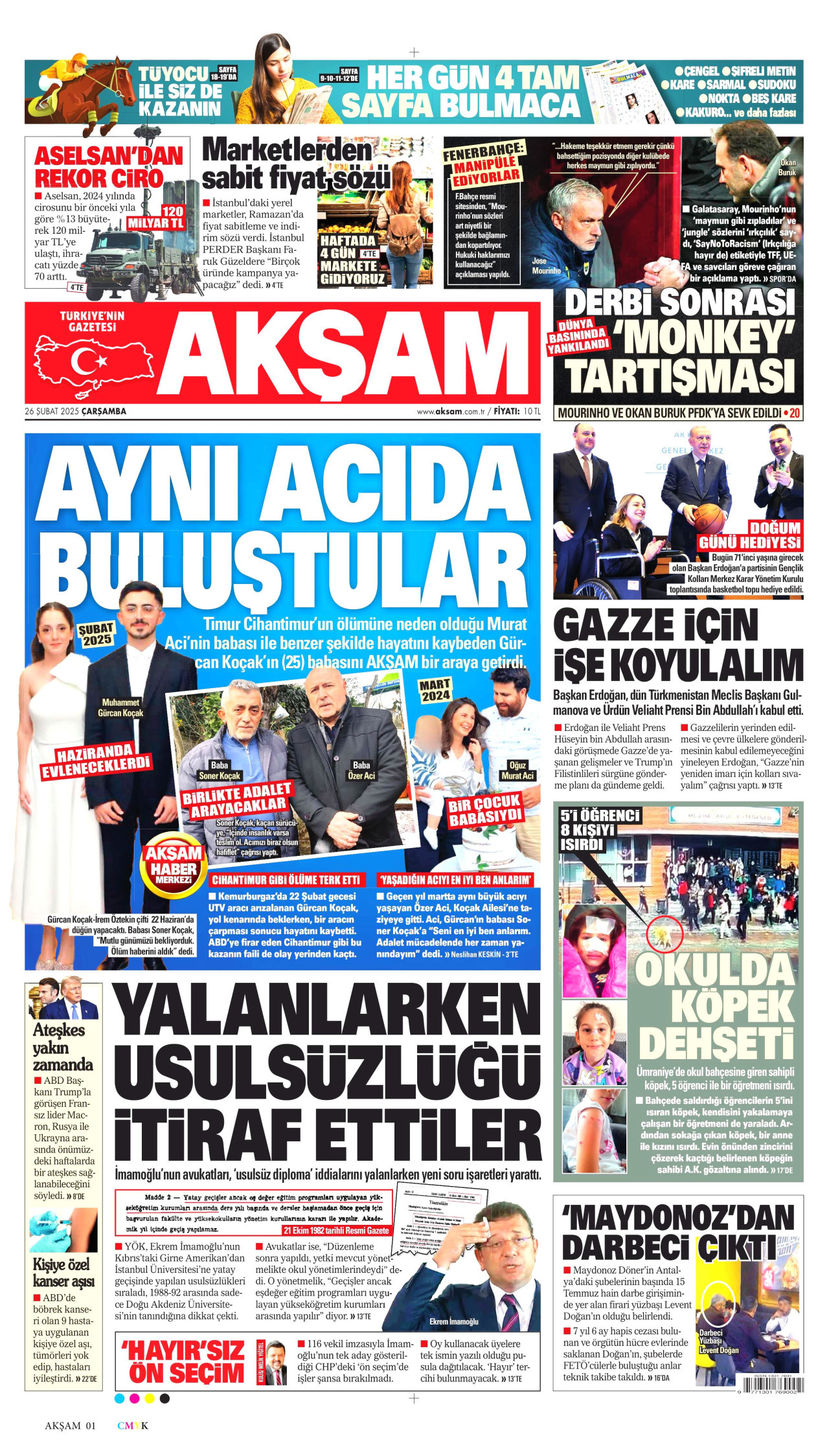 AKŞAM gazetesinin 26 Şubat 2025 tarihli birinci sayfası