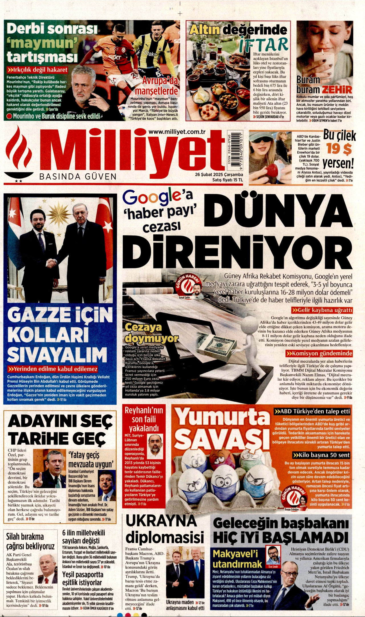 MİLLİYET gazetesinin 26 Şubat 2025 tarihli birinci sayfası