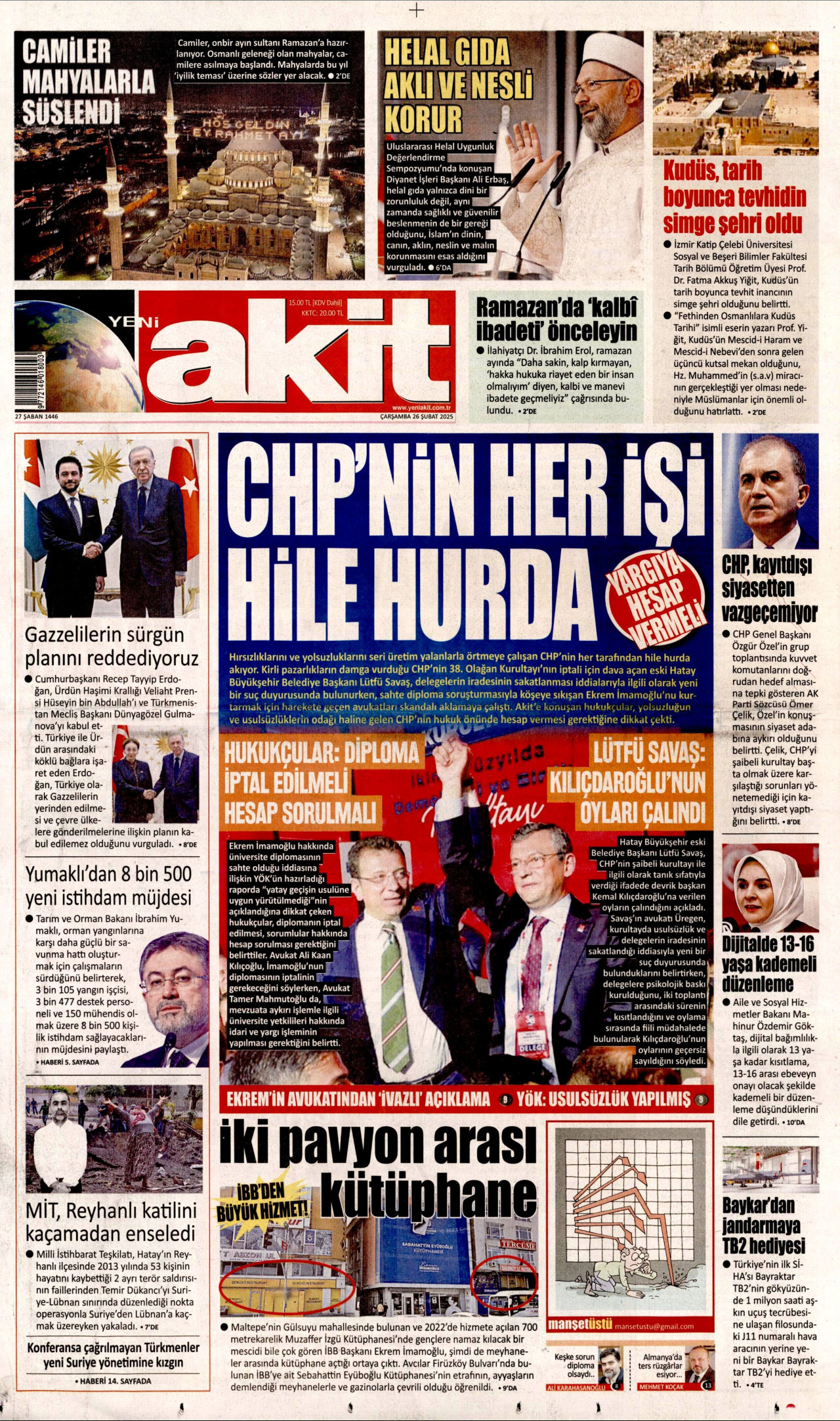 YENİ AKİT gazetesinin 26 Şubat 2025 tarihli birinci sayfası