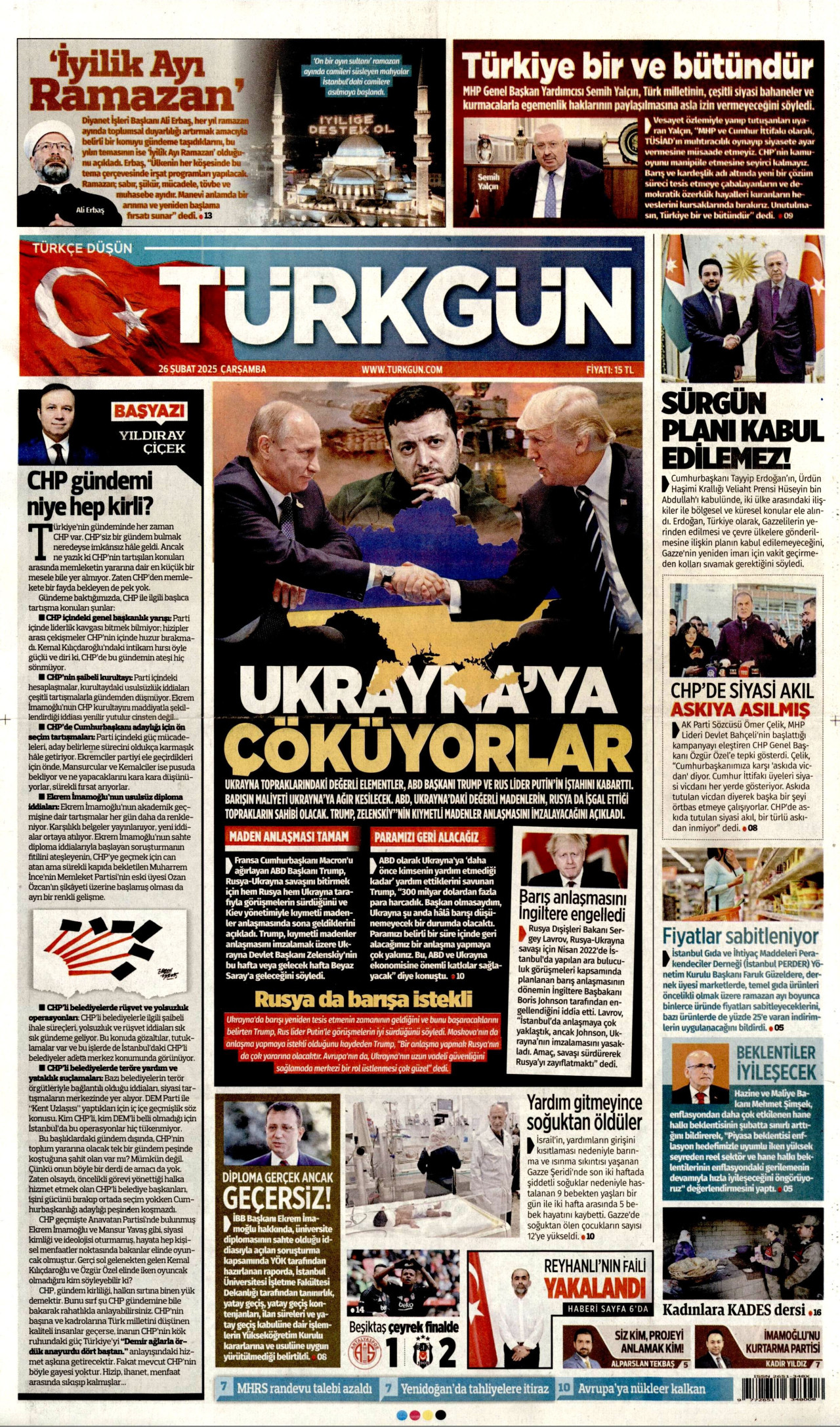 TÜRKGÜN gazetesinin 26 Şubat 2025 tarihli birinci sayfası