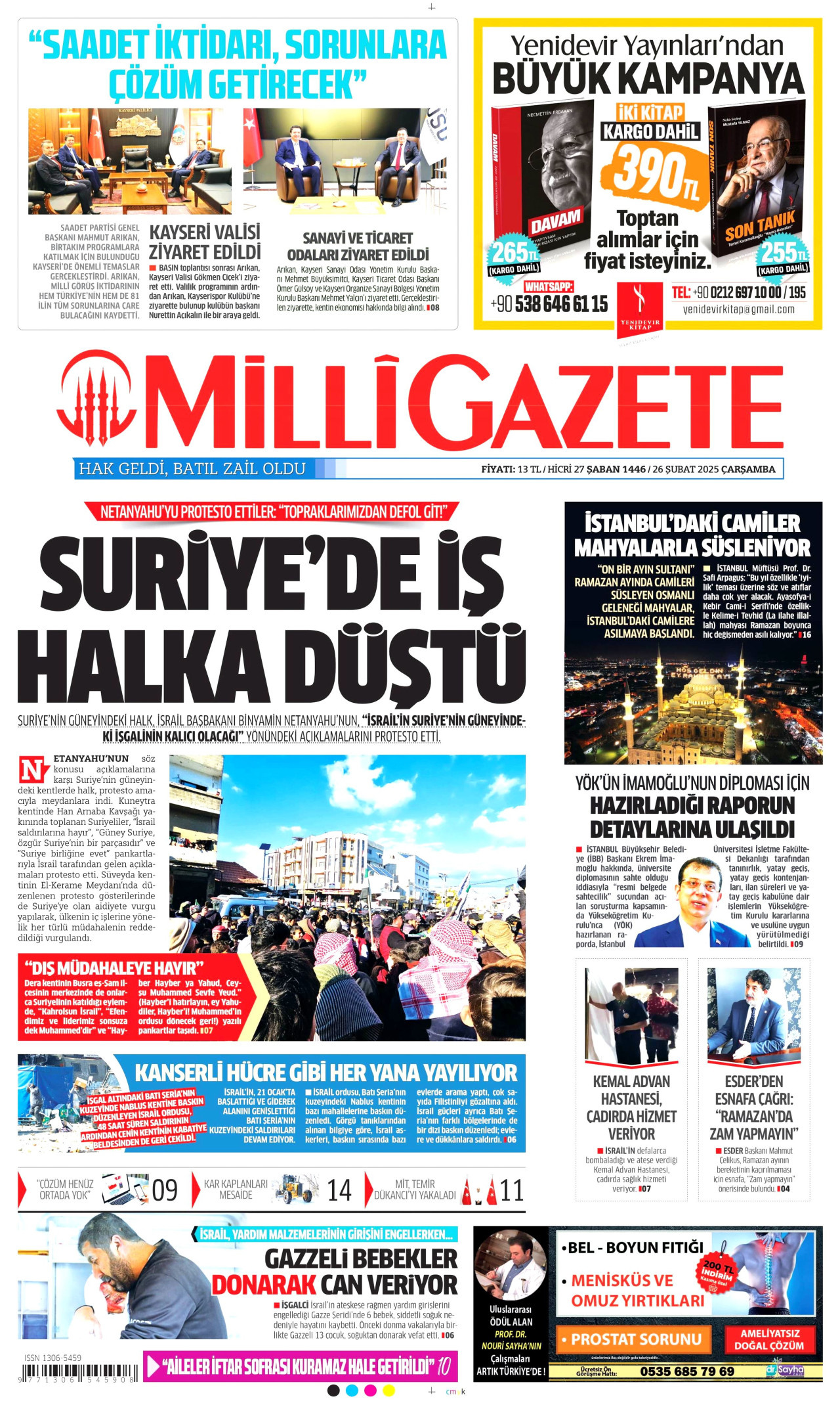 MİLLİ GAZETE gazetesinin 26 Şubat 2025 tarihli birinci sayfası