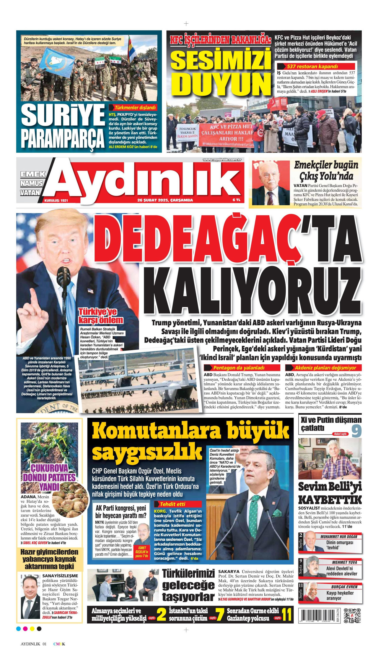 AYDINLIK GAZETESİ gazetesinin 26 Şubat 2025 tarihli birinci sayfası