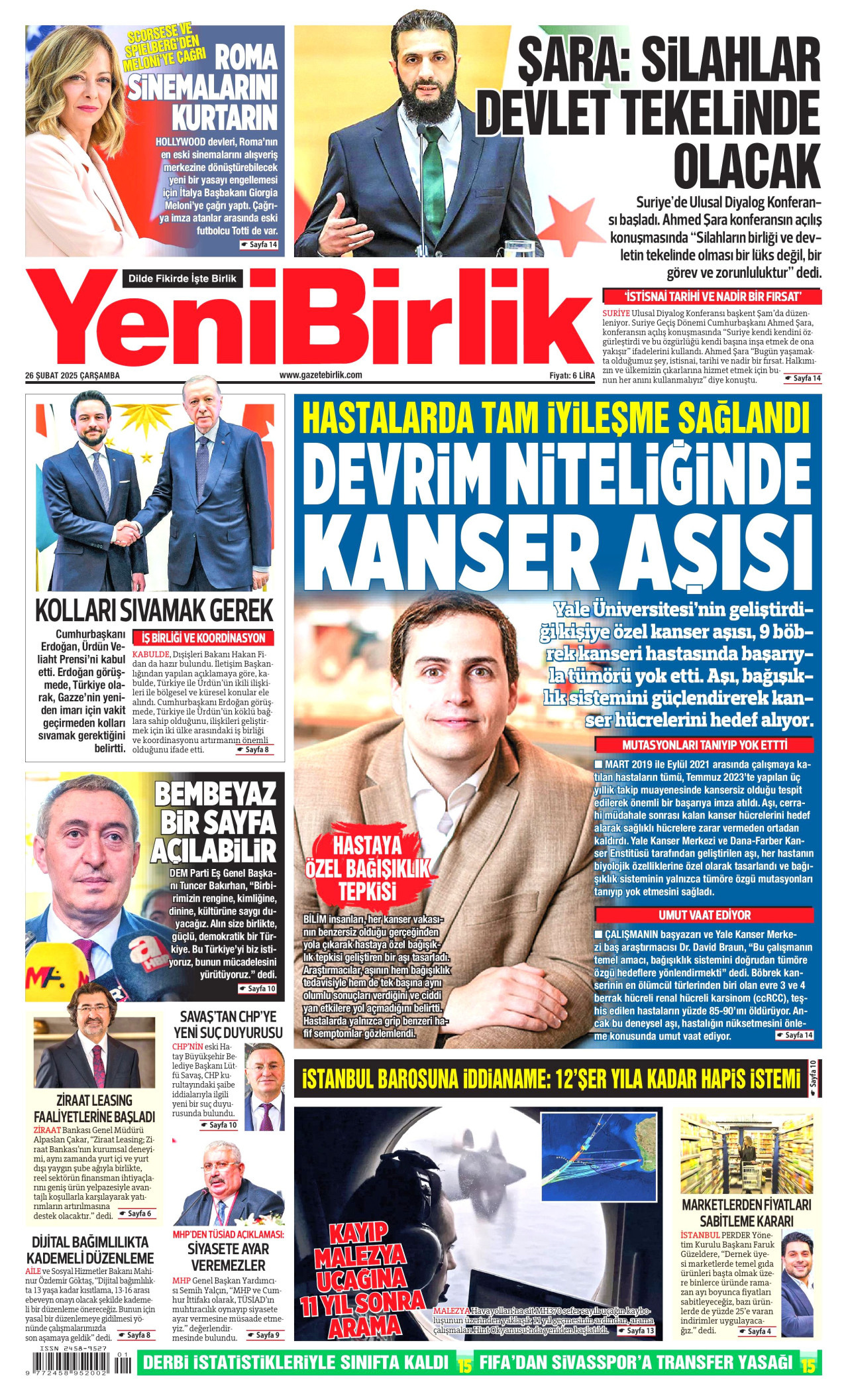 YENİBİRLİK gazetesinin 26 Şubat 2025 tarihli birinci sayfası