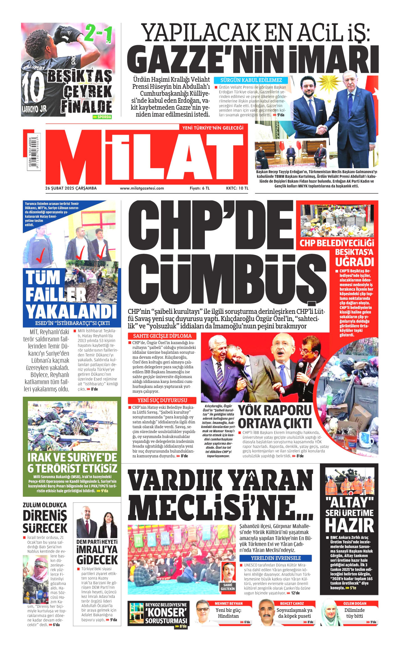 MİLAT gazetesinin 26 Şubat 2025 tarihli birinci sayfası