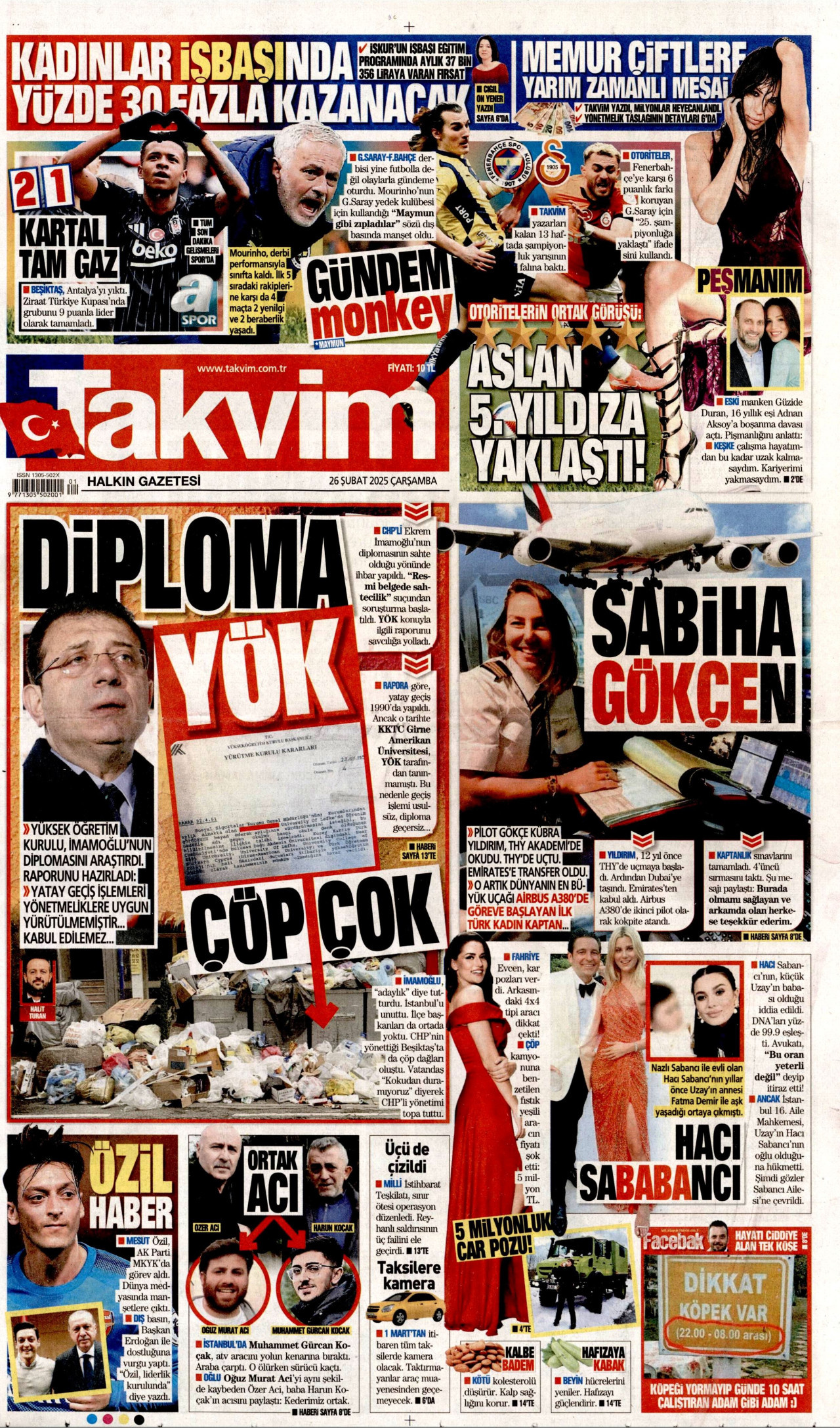 TAKVİM gazetesinin 26 Şubat 2025 tarihli birinci sayfası