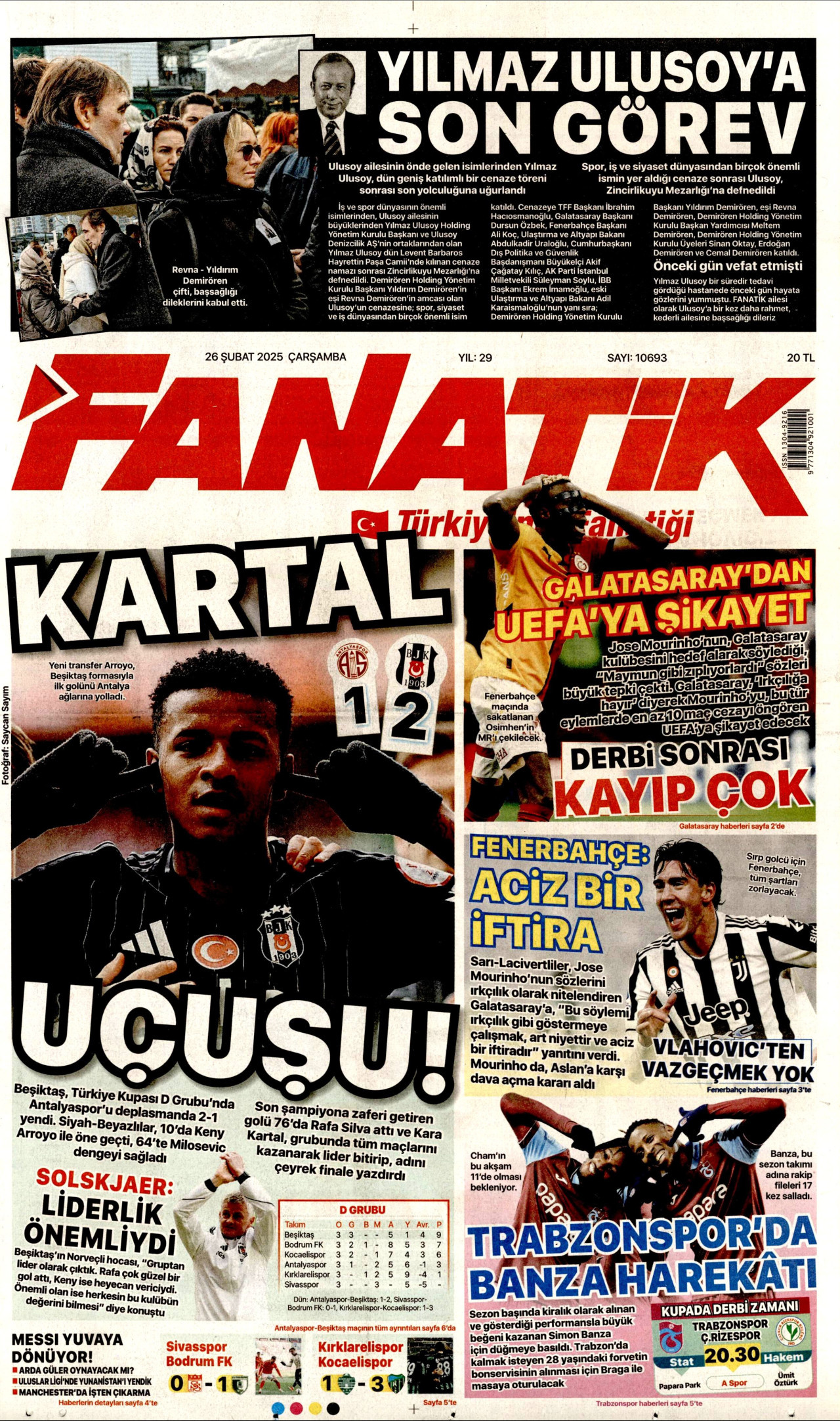 FANATİK gazetesinin 26 Şubat 2025 tarihli birinci sayfası