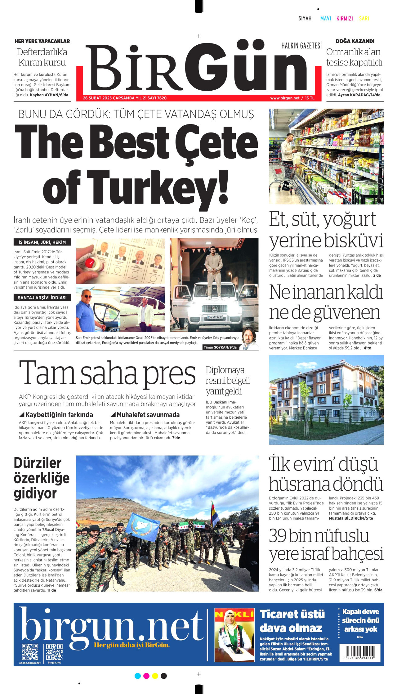BİRGÜN gazetesinin 26 Şubat 2025 tarihli birinci sayfası