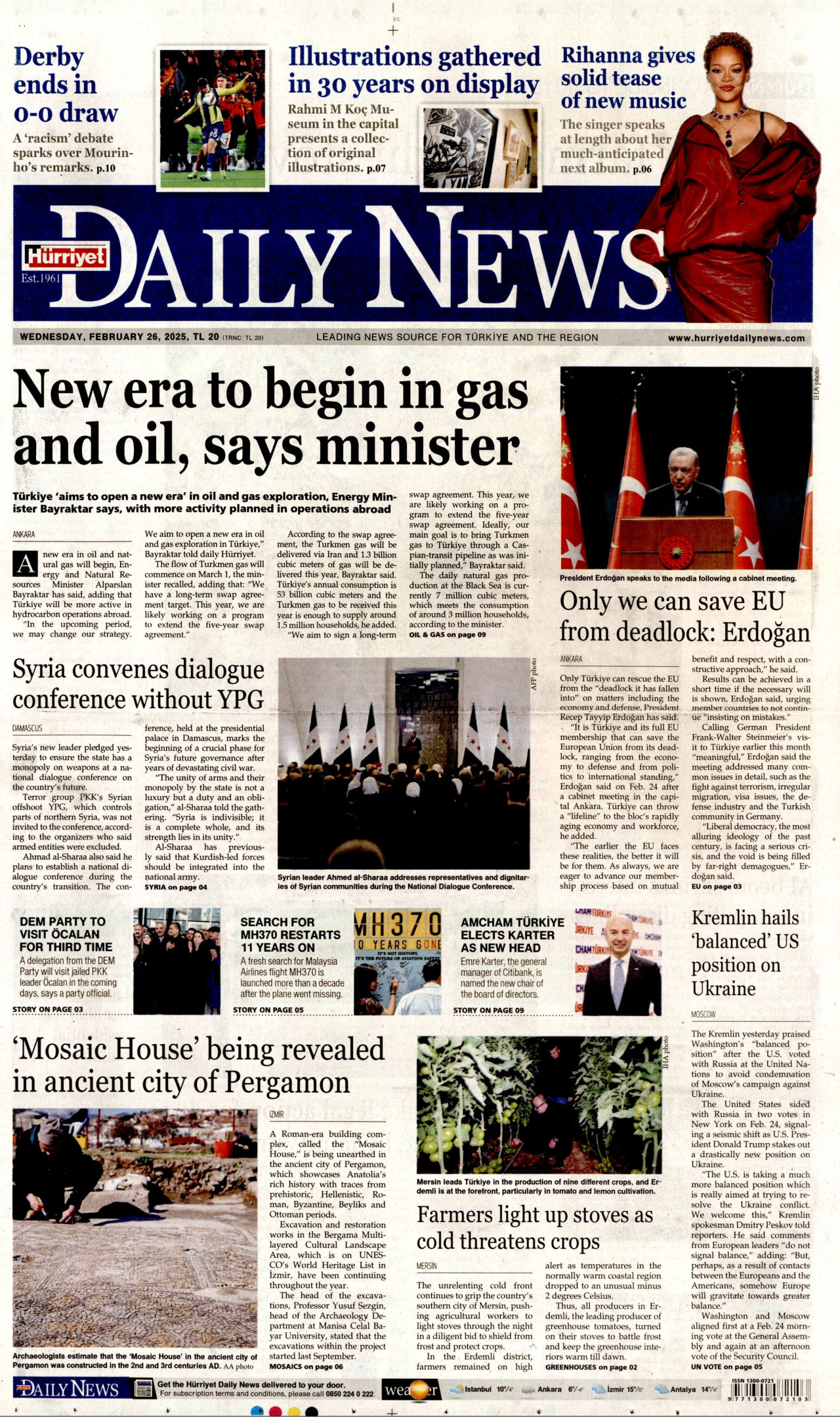 HÜRRİYET DAİLY NEWS gazetesinin 26 Şubat 2025 tarihli birinci sayfası