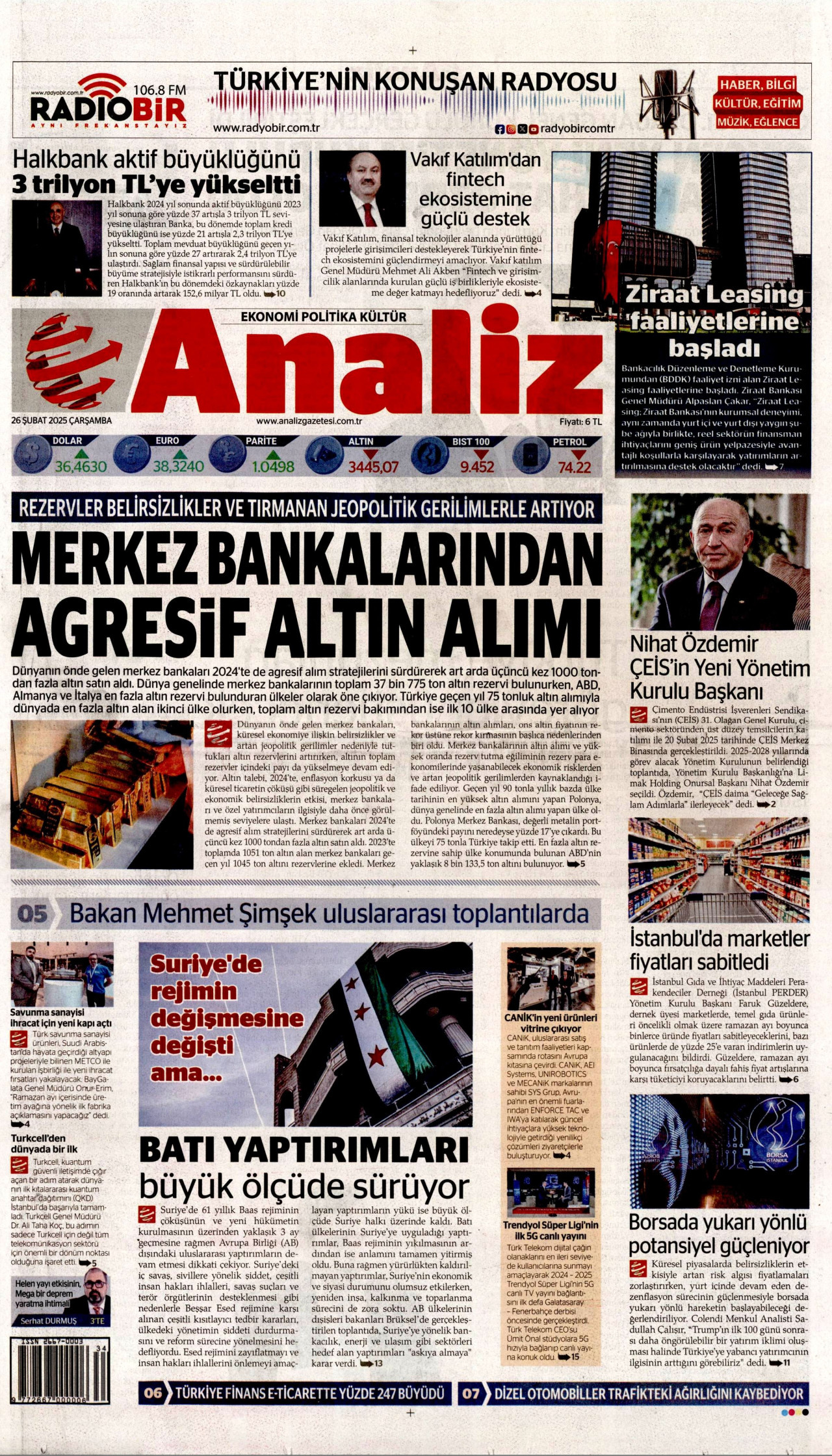ANALİZ gazetesinin 26 Şubat 2025 tarihli birinci sayfası