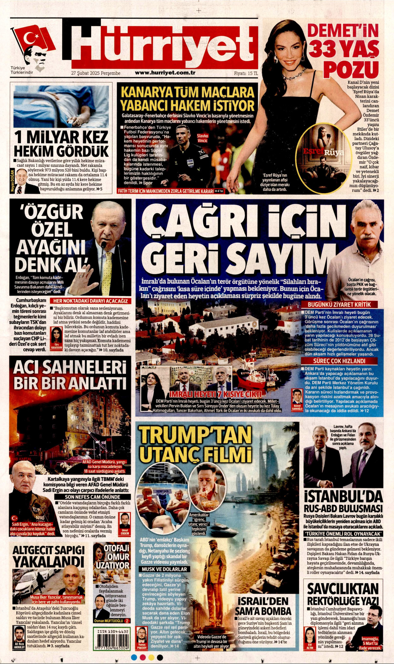 HÜRRİYET gazetesinin 27 Şubat 2025 tarihli birinci sayfası