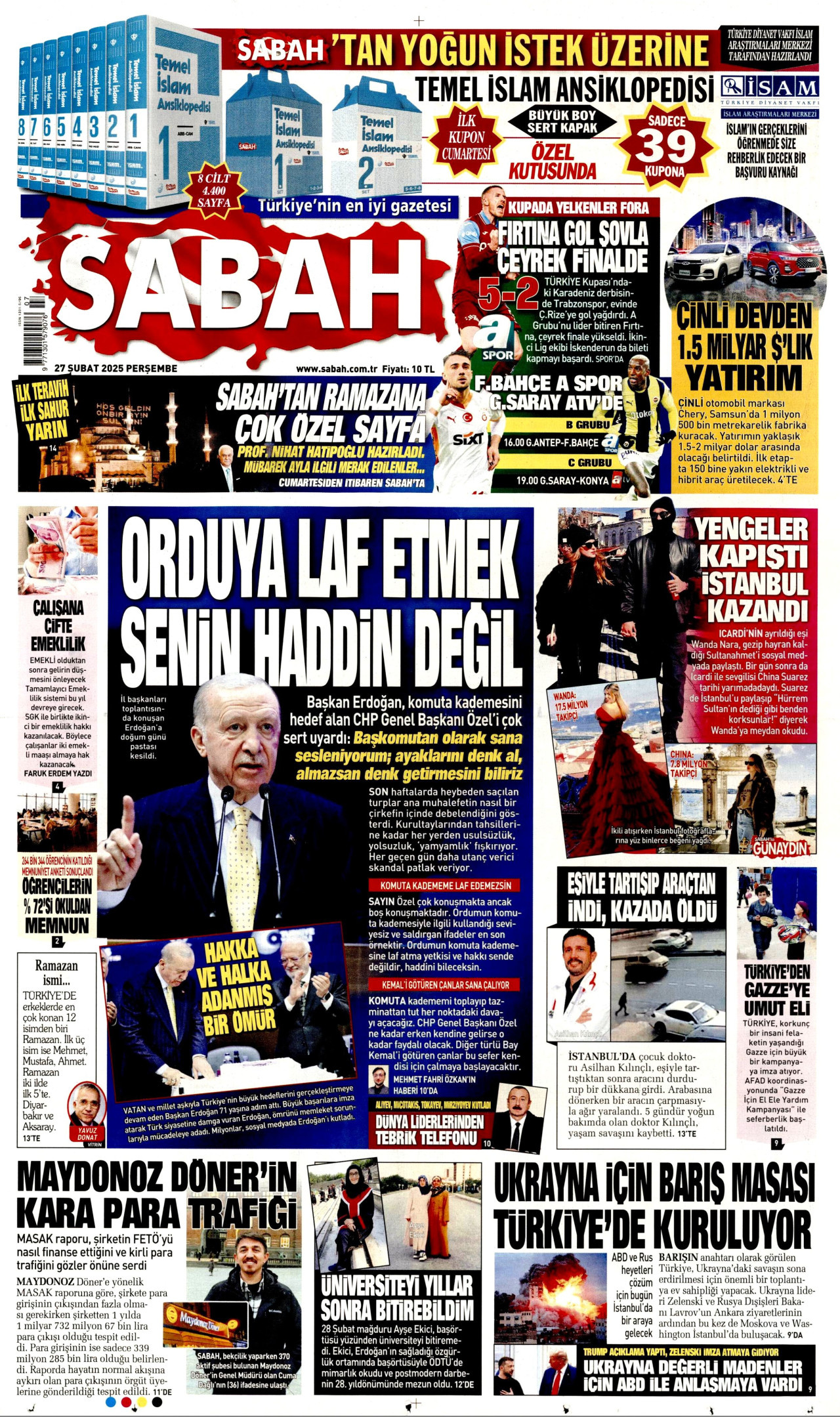 SABAH gazetesinin 27 Şubat 2025 tarihli birinci sayfası